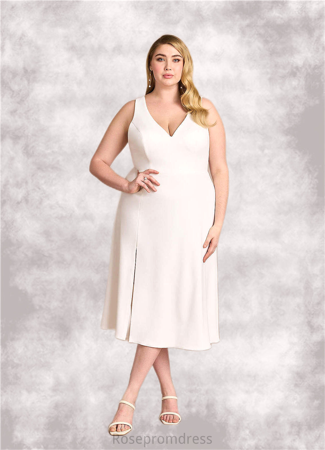 Samantha A-Line V-Neck Stretch Crepe Tea-Length Dress Diamond White SRSP0022769
