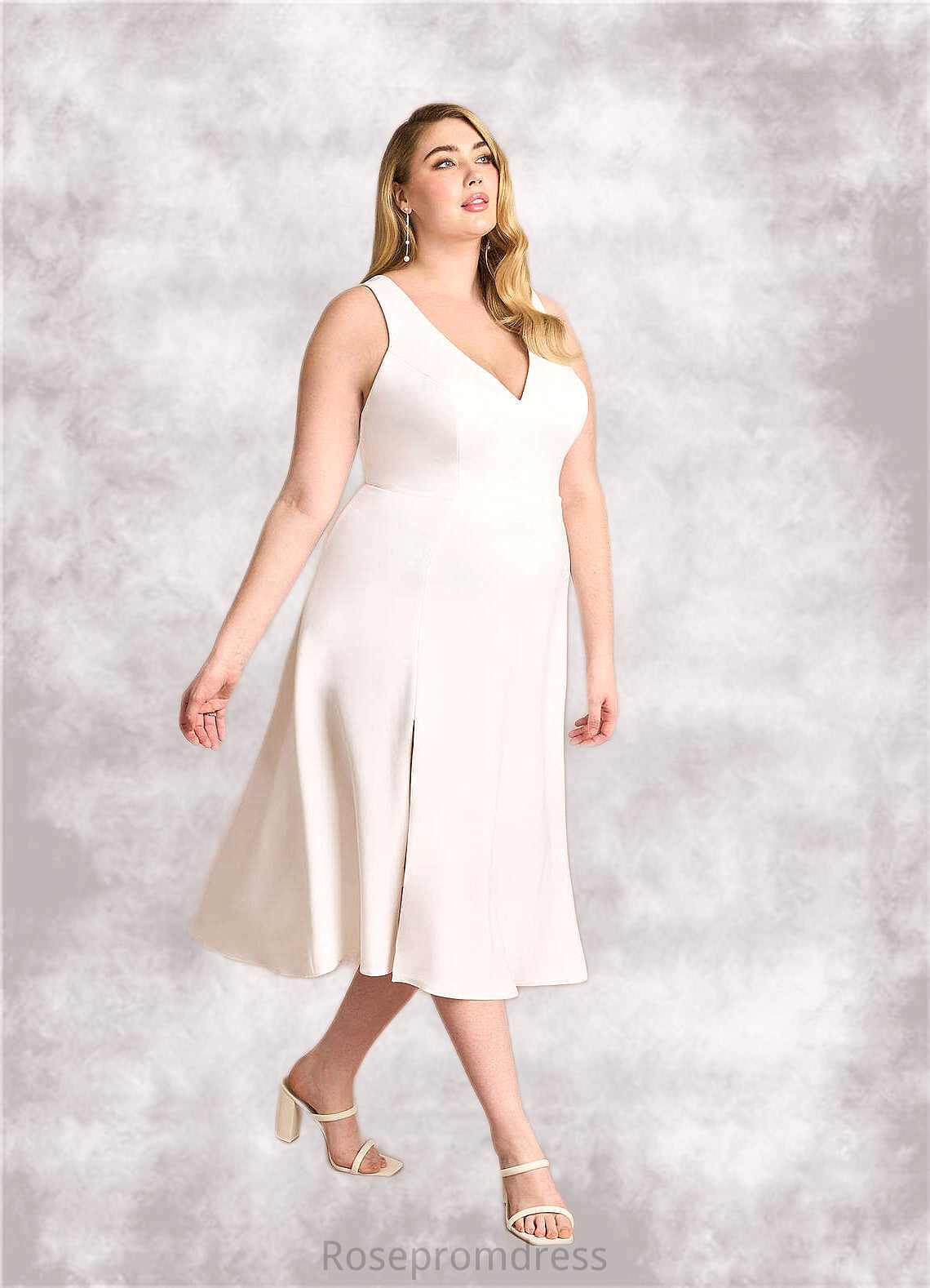Samantha A-Line V-Neck Stretch Crepe Tea-Length Dress Diamond White SRSP0022769