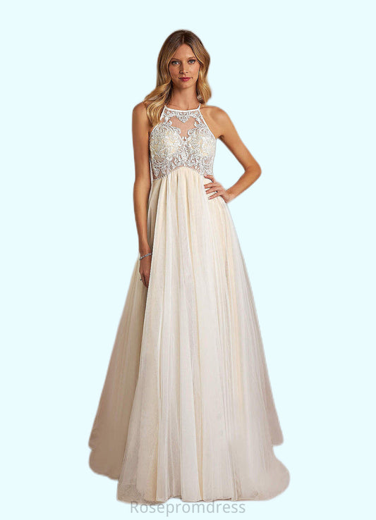 Myla A-Line Halter Sequins Tulle Chapel Train Dress Diamond White/Champagne SRSP0022773