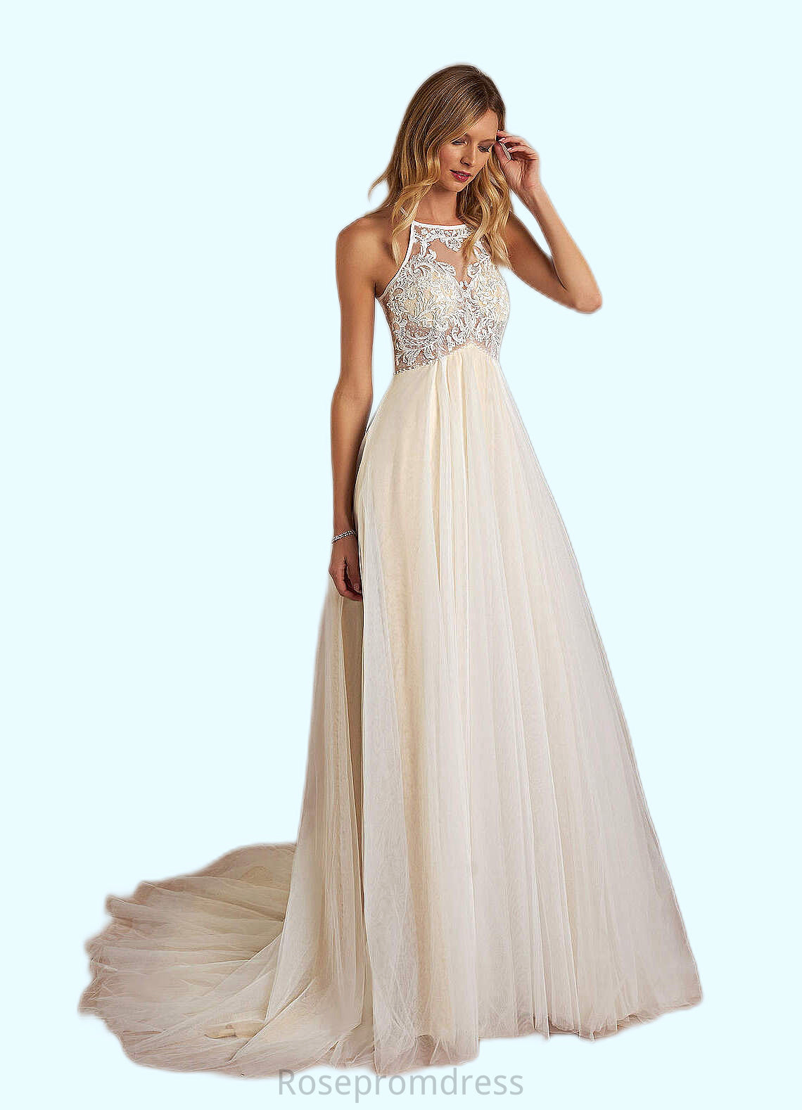 Myla A-Line Halter Sequins Tulle Chapel Train Dress Diamond White/Champagne SRSP0022773