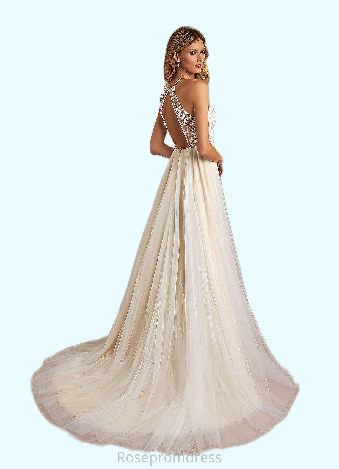 Myla A-Line Halter Sequins Tulle Chapel Train Dress Diamond White/Champagne SRSP0022773