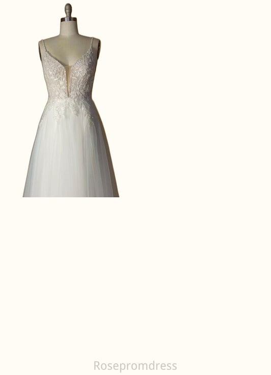 Nancy A-Line V-Neck Sequins Tulle Chapel Train Dress Diamond White/Champagne SRSP0022776