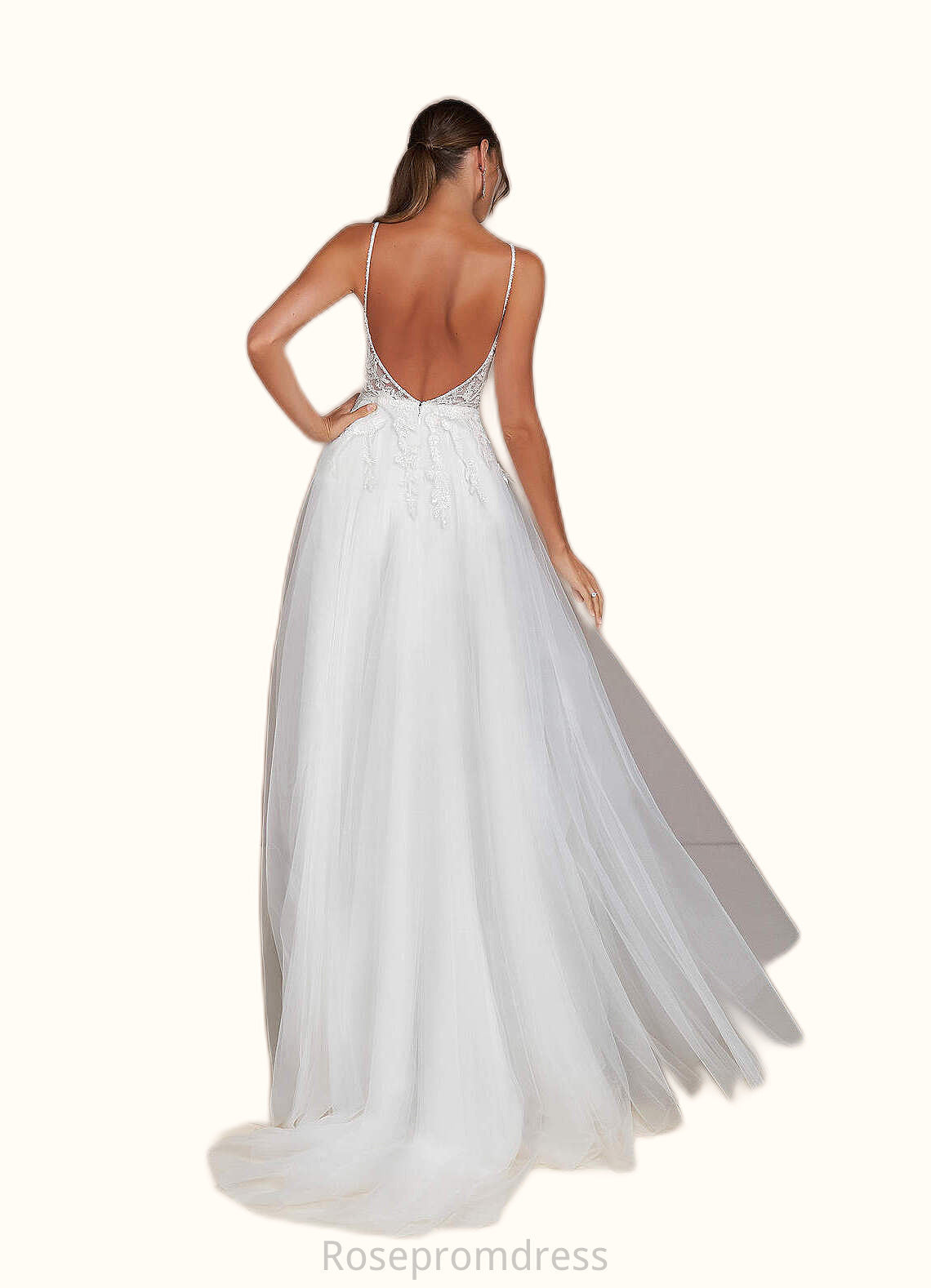 Nancy A-Line V-Neck Sequins Tulle Chapel Train Dress Diamond White/Champagne SRSP0022776