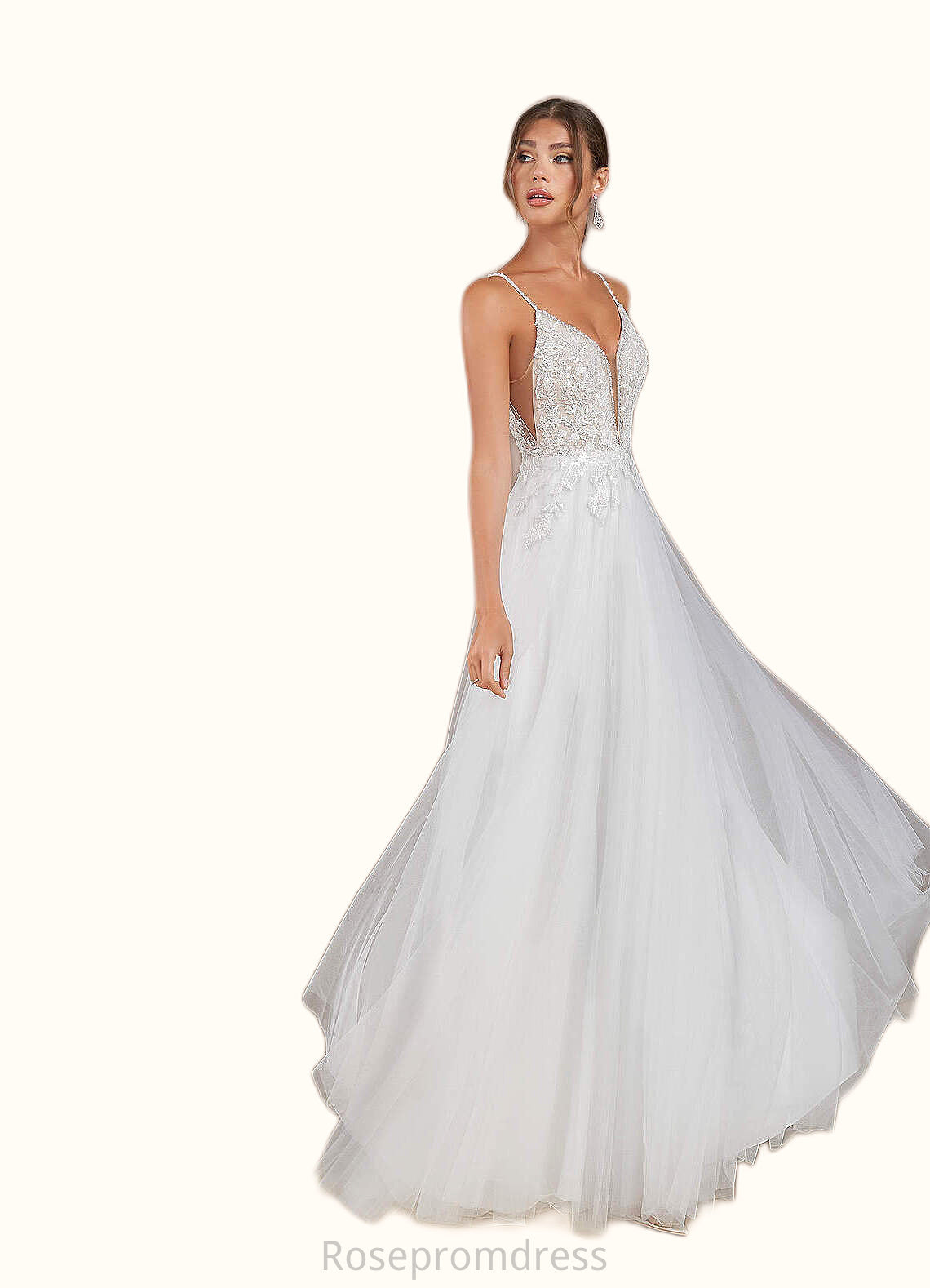 Nancy A-Line V-Neck Sequins Tulle Chapel Train Dress Diamond White/Champagne SRSP0022776