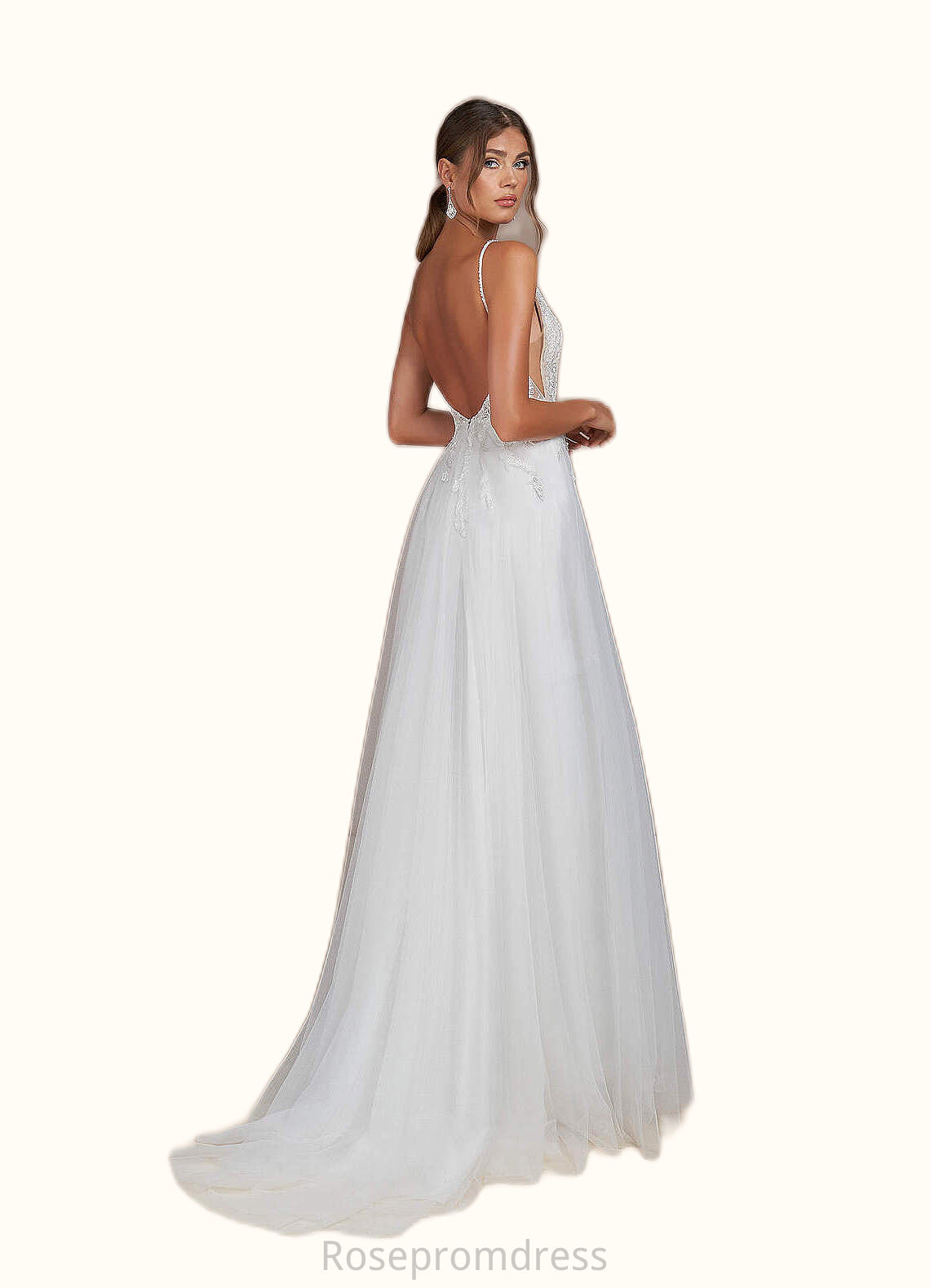 Nancy A-Line V-Neck Sequins Tulle Chapel Train Dress Diamond White/Champagne SRSP0022776
