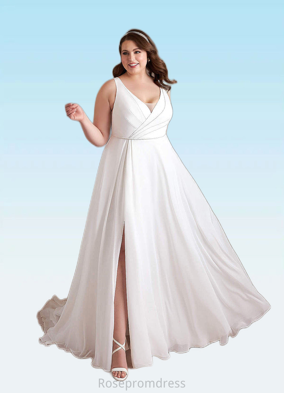 Cecilia A-Line Pleated Chiffon Chapel Train Dress Diamond White SRSP0022786