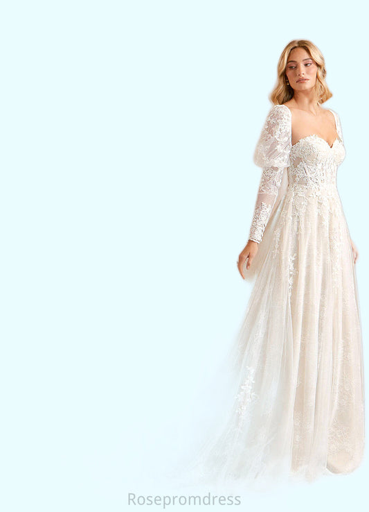 Sanaa A-Line Lace Tulle Cathedral Train Dress Diamond White/Champagne SRSP0022789