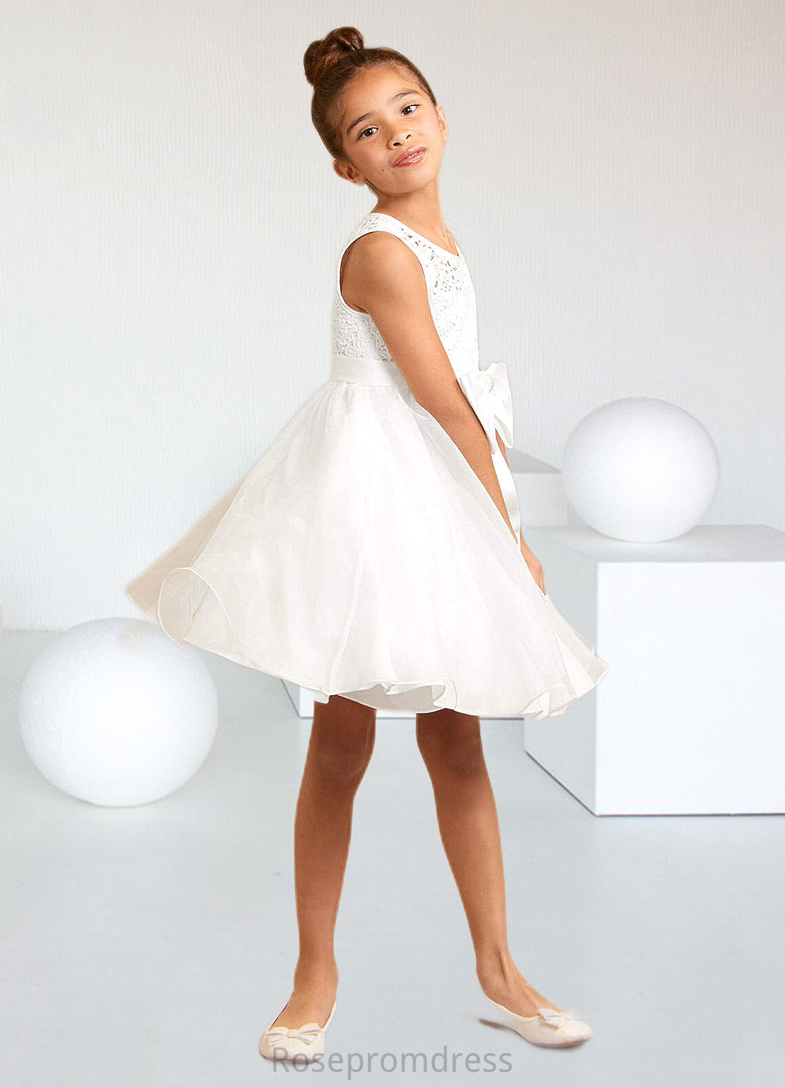 Carolyn A-Line Lace Organza Knee-Length Dress Diamond White SRSP0022811