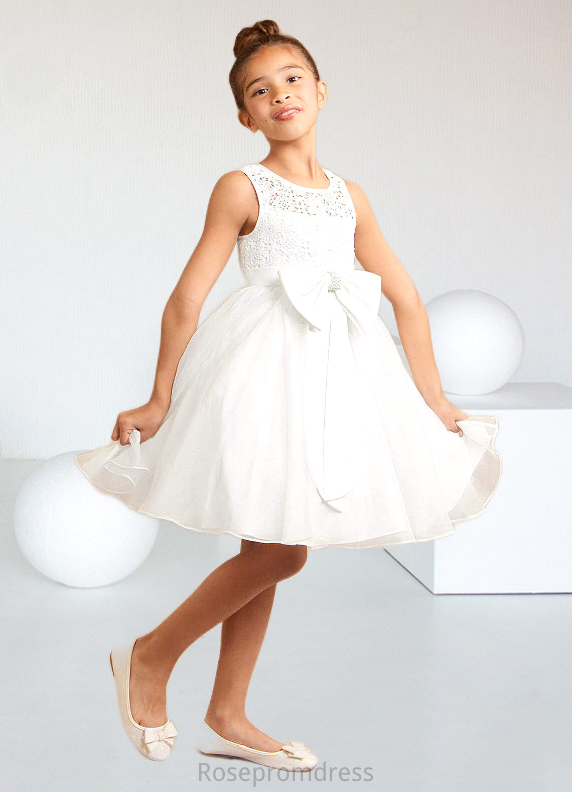 Carolyn A-Line Lace Organza Knee-Length Dress Diamond White SRSP0022811