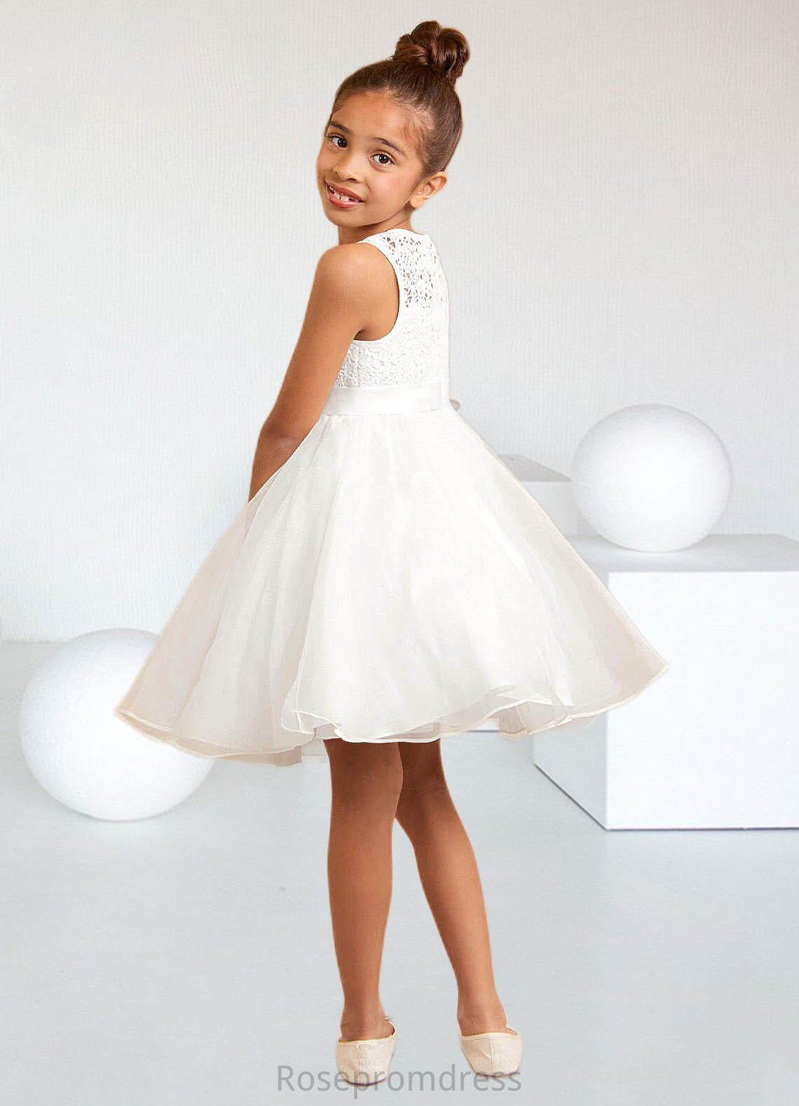 Carolyn A-Line Lace Organza Knee-Length Dress Diamond White SRSP0022811