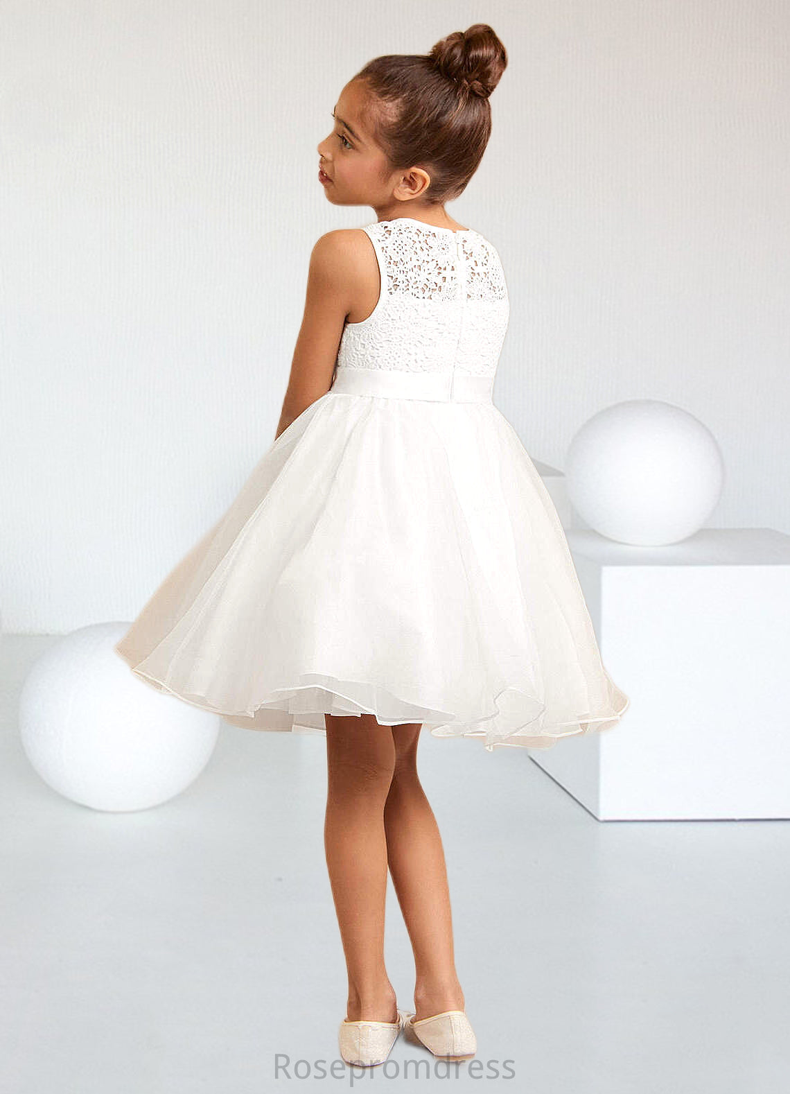 Carolyn A-Line Lace Organza Knee-Length Dress Diamond White SRSP0022811