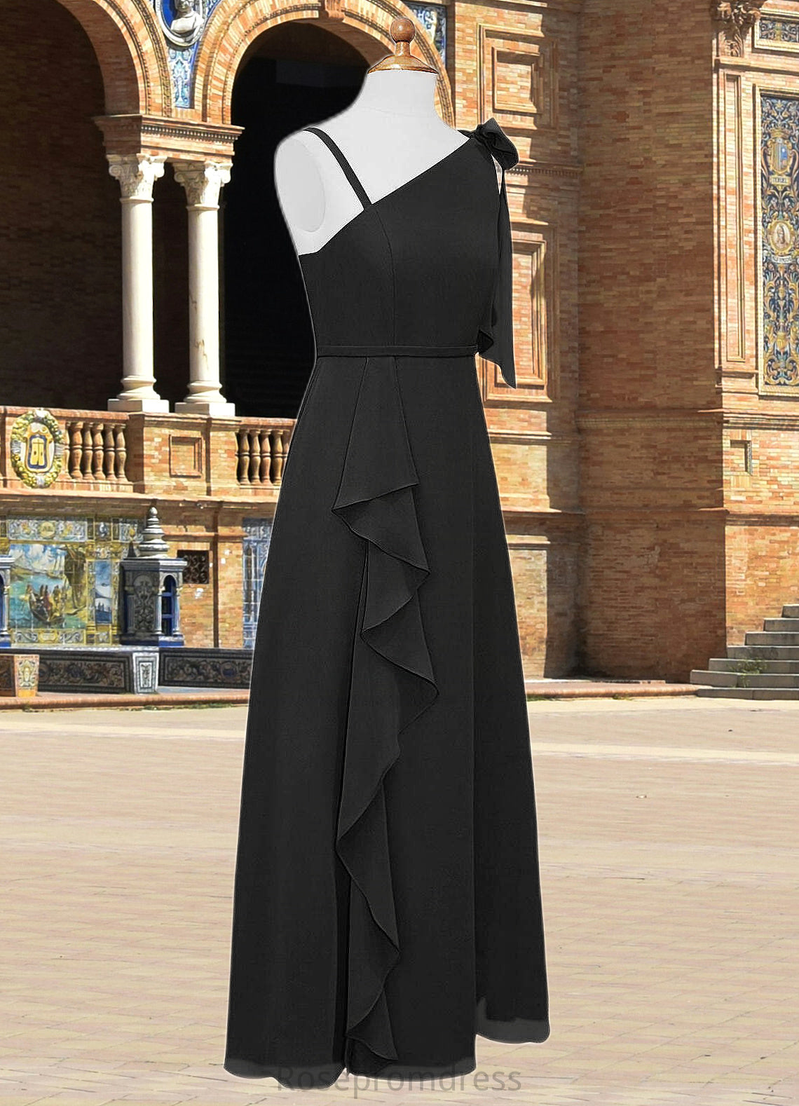 Stacy A-Line Bow Chiffon Floor-Length Junior Bridesmaid Dress black SRSP0022850