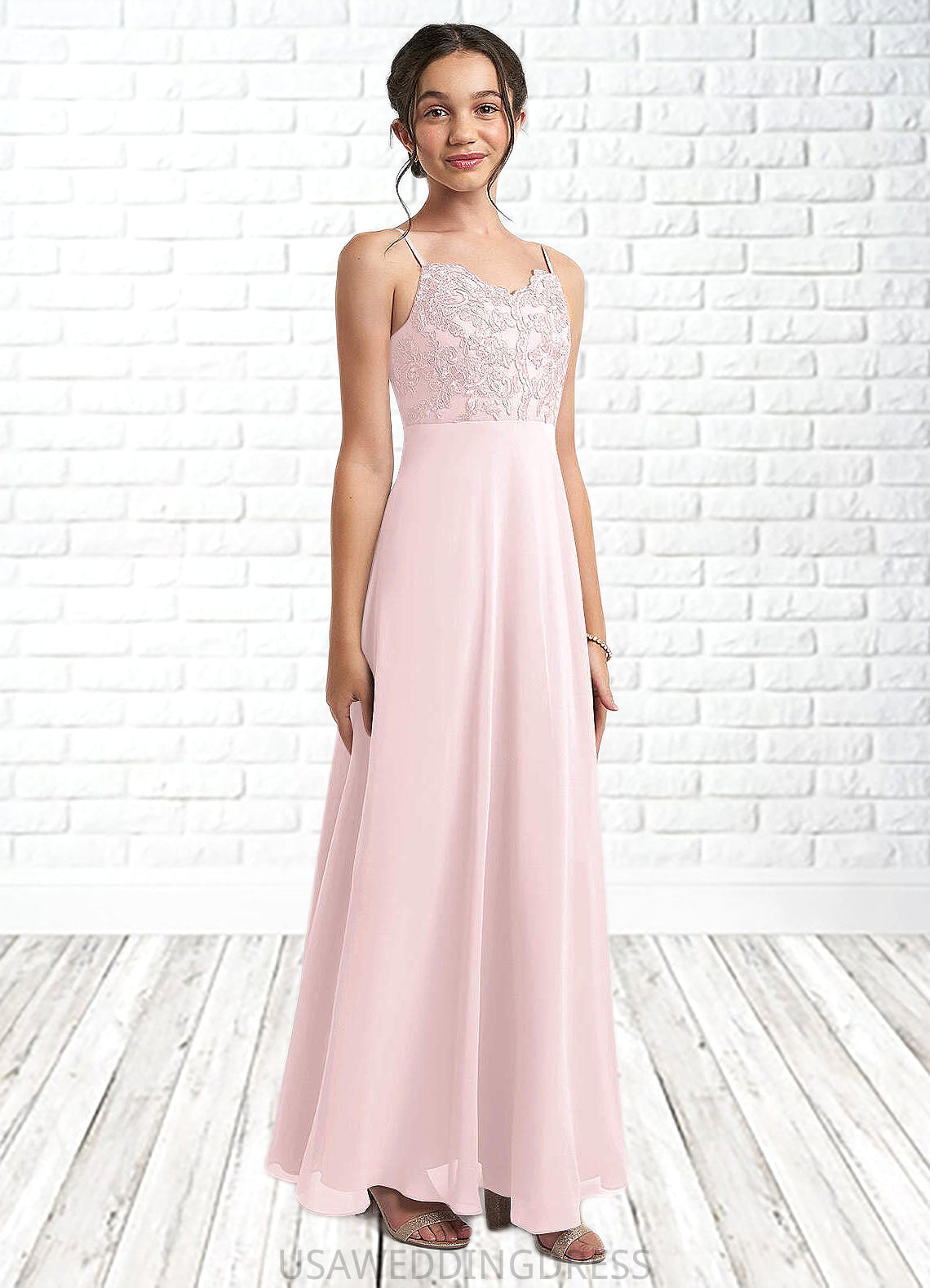 Jaylee A-Line Lace Chiffon Floor-Length Junior Bridesmaid Dress Blushing Pink DSP0022853