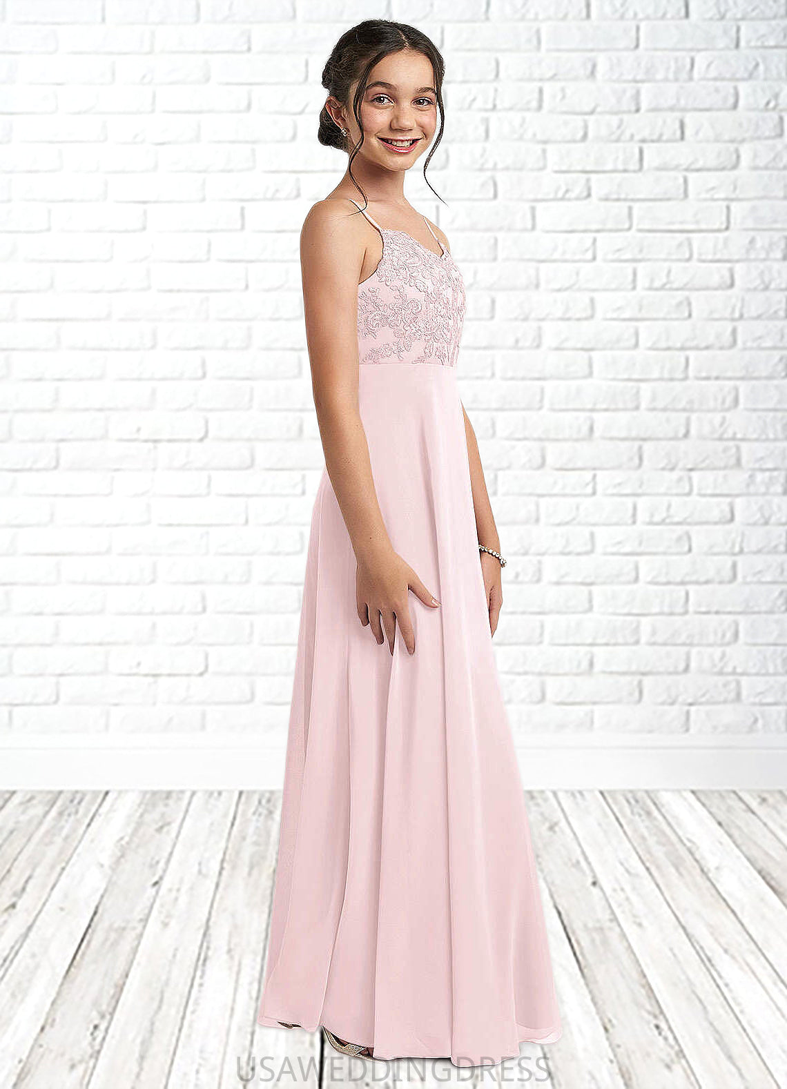 Jaylee A-Line Lace Chiffon Floor-Length Junior Bridesmaid Dress Blushing Pink DSP0022853