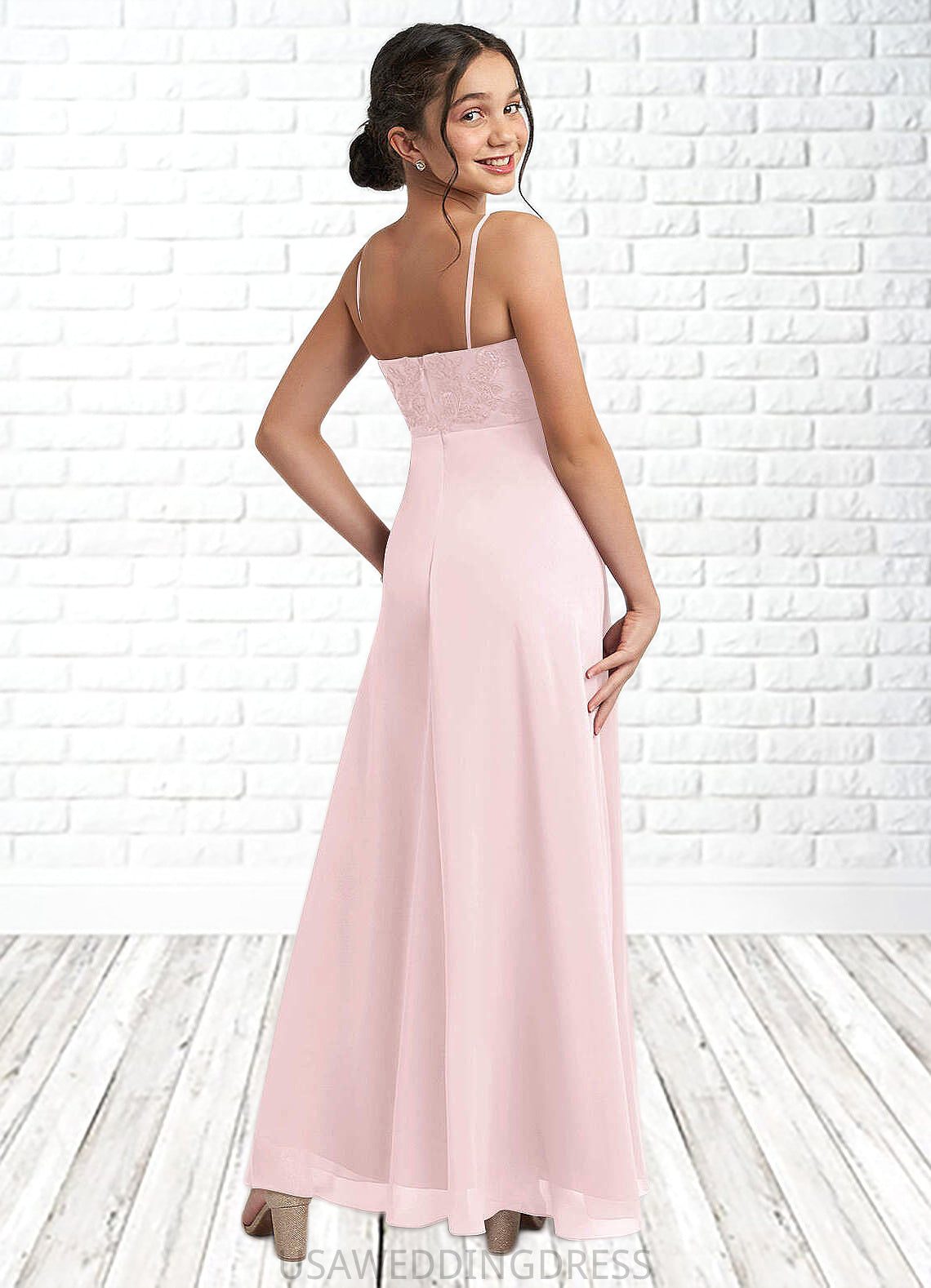 Jaylee A-Line Lace Chiffon Floor-Length Junior Bridesmaid Dress Blushing Pink DSP0022853