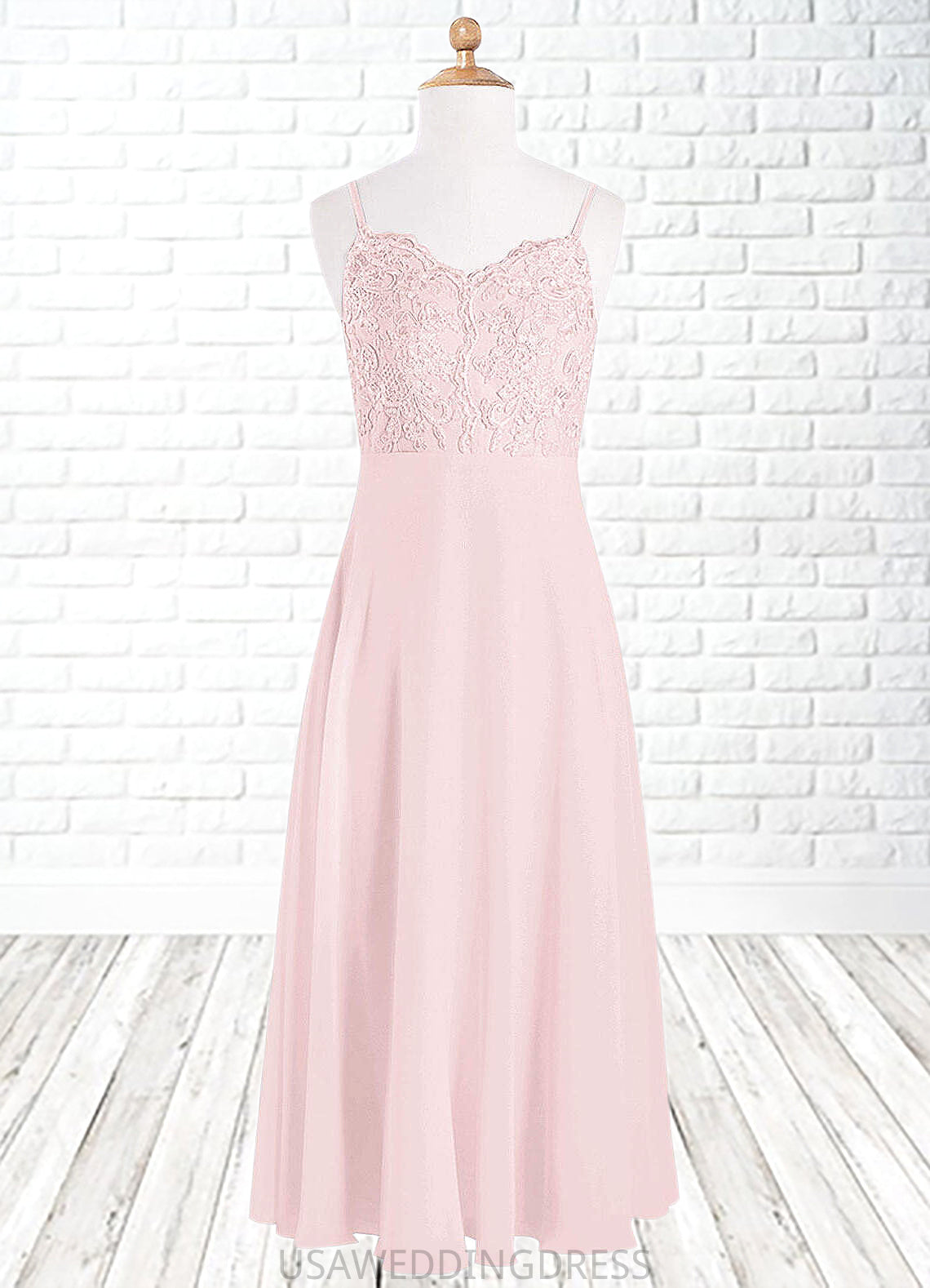 Jaylee A-Line Lace Chiffon Floor-Length Junior Bridesmaid Dress Blushing Pink DSP0022853