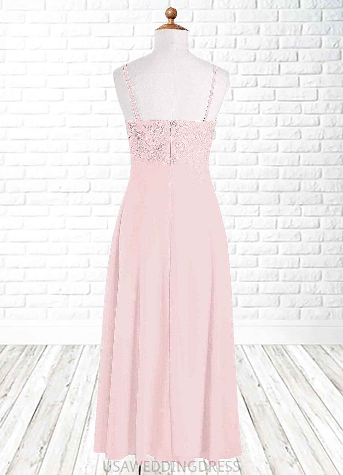 Jaylee A-Line Lace Chiffon Floor-Length Junior Bridesmaid Dress Blushing Pink DSP0022853