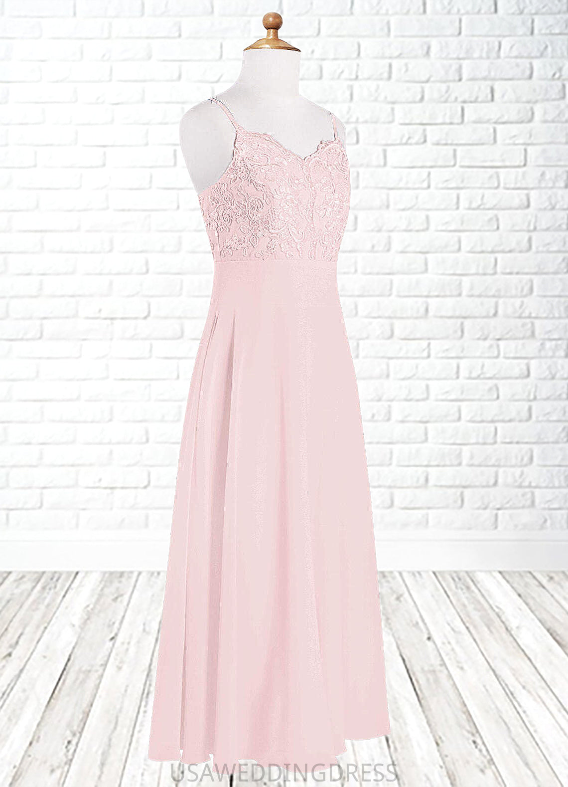 Jaylee A-Line Lace Chiffon Floor-Length Junior Bridesmaid Dress Blushing Pink DSP0022853