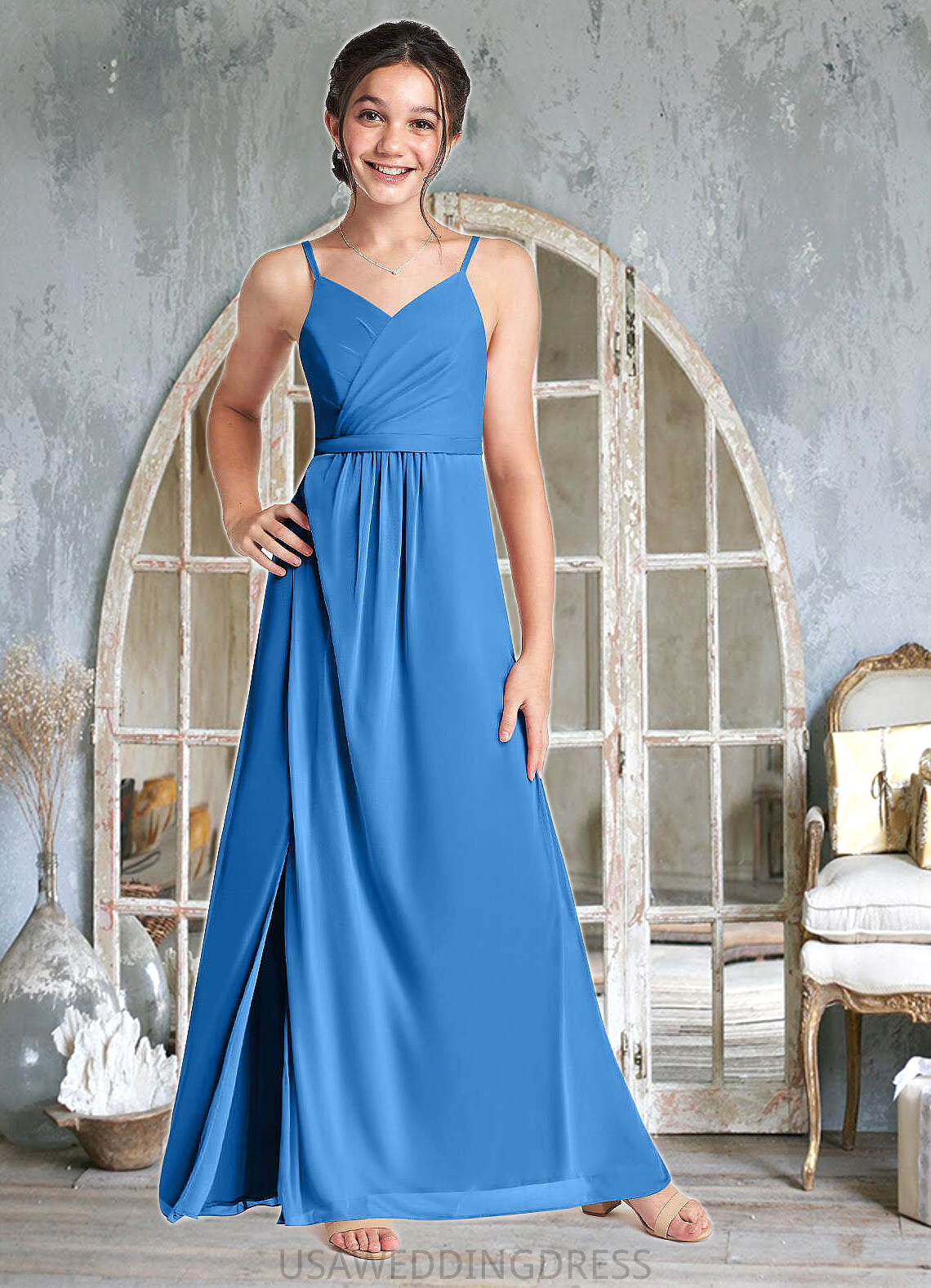 Lola Pleated Mesh Floor-Length Junior Bridesmaid Dress Blue Jay DSP0022861