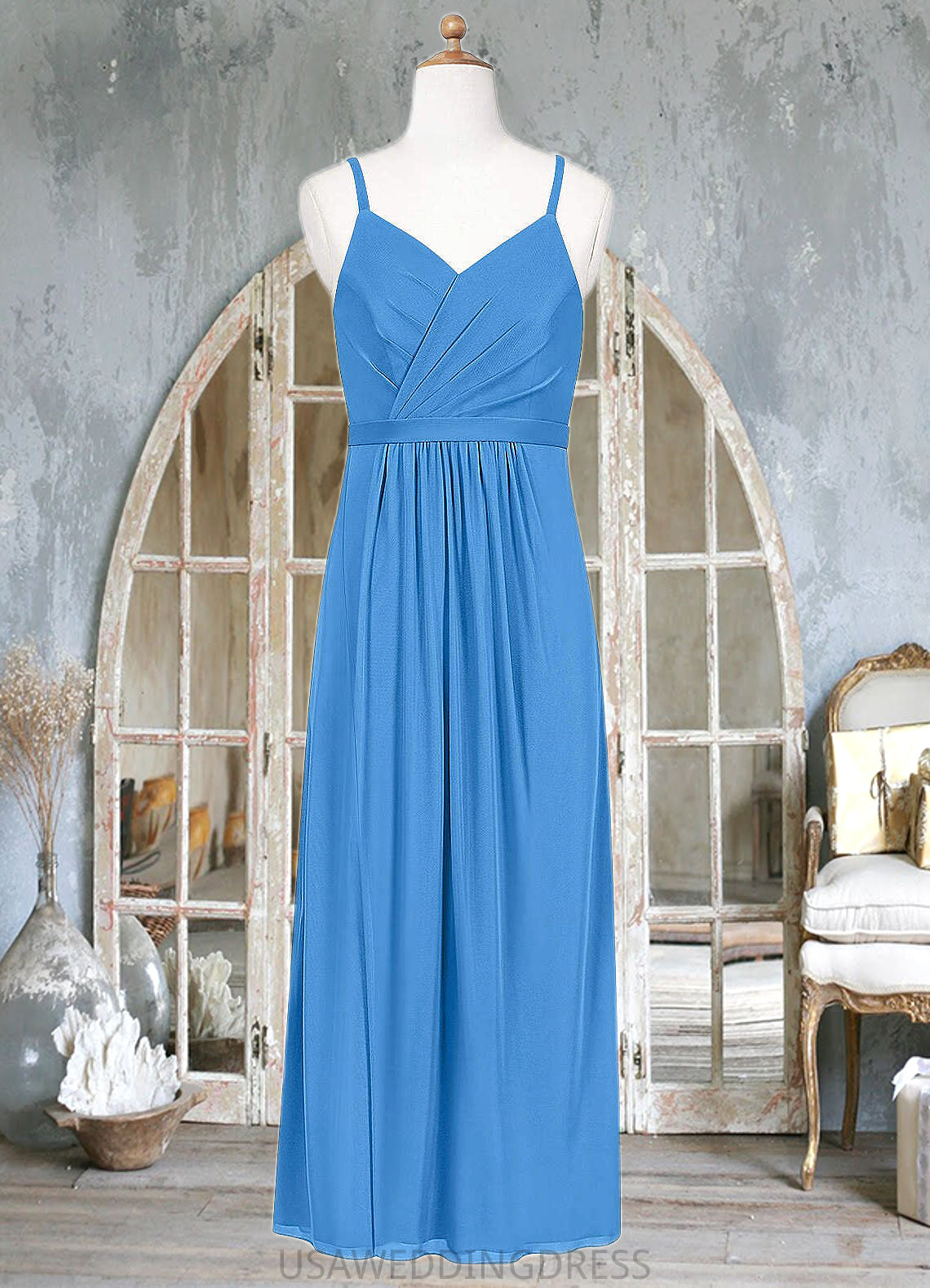 Lola Pleated Mesh Floor-Length Junior Bridesmaid Dress Blue Jay DSP0022861