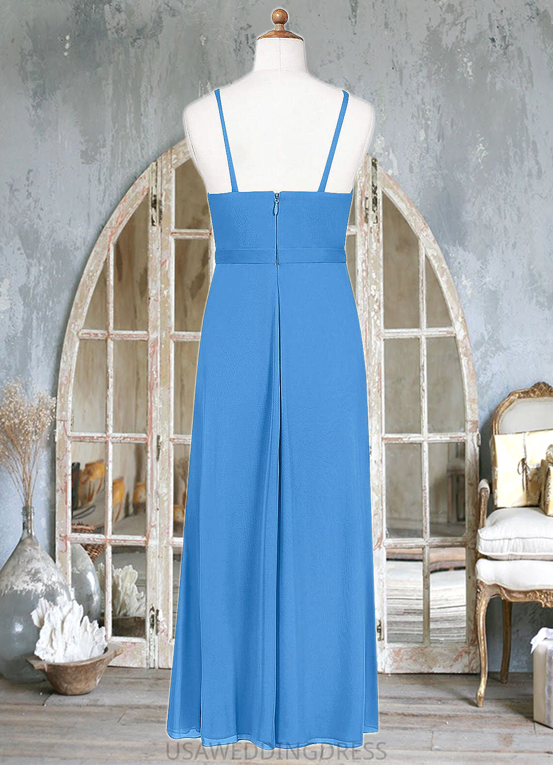 Lola Pleated Mesh Floor-Length Junior Bridesmaid Dress Blue Jay DSP0022861