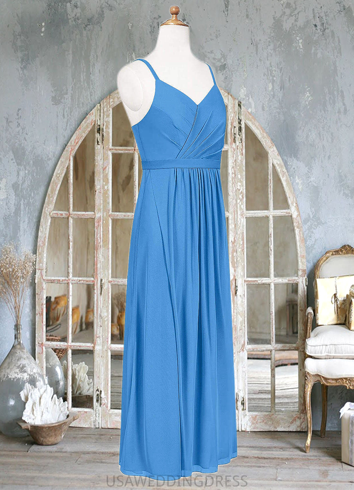 Lola Pleated Mesh Floor-Length Junior Bridesmaid Dress Blue Jay DSP0022861