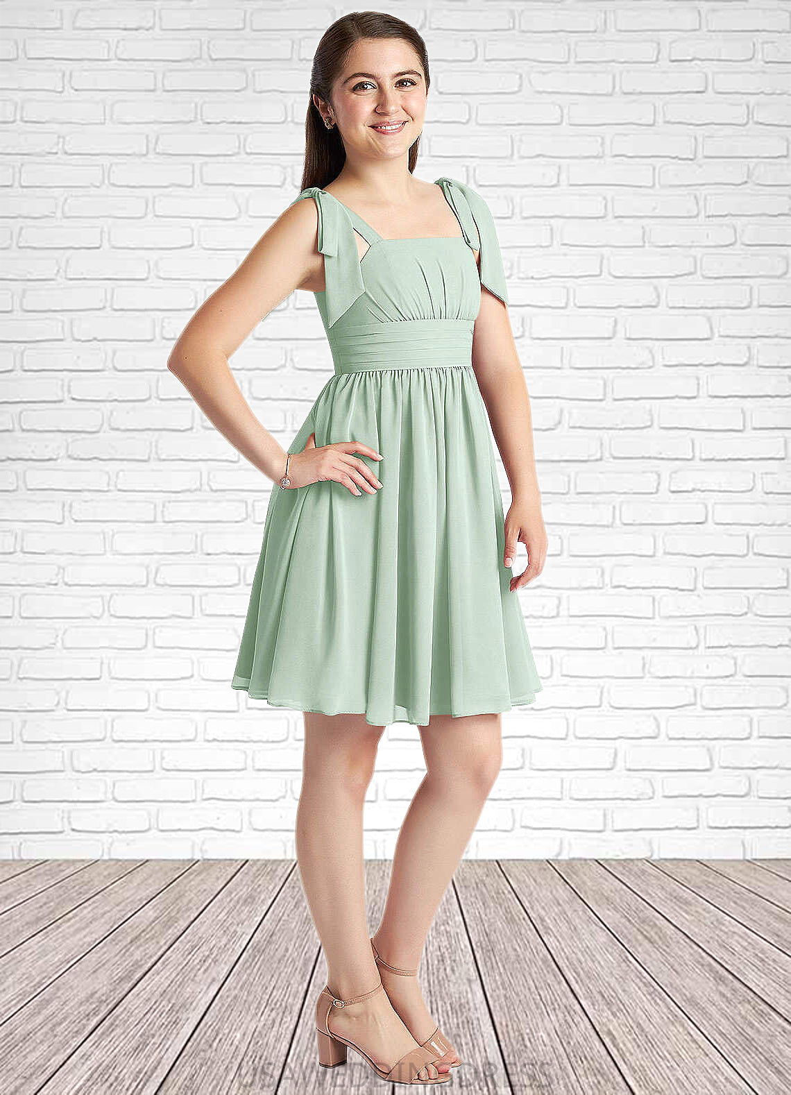 Yareli A-Line Pleated Chiffon Mini Junior Bridesmaid Dress Agave DSP0022864
