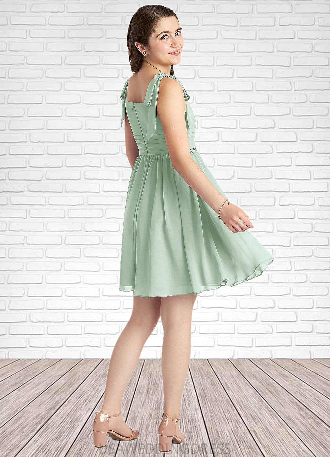 Yareli A-Line Pleated Chiffon Mini Junior Bridesmaid Dress Agave DSP0022864