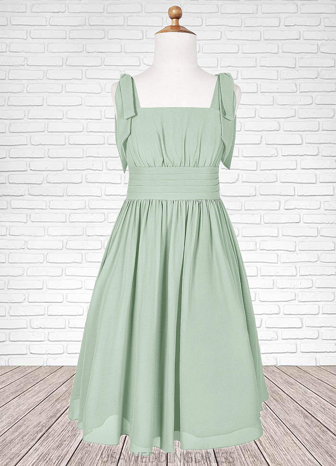 Yareli A-Line Pleated Chiffon Mini Junior Bridesmaid Dress Agave DSP0022864