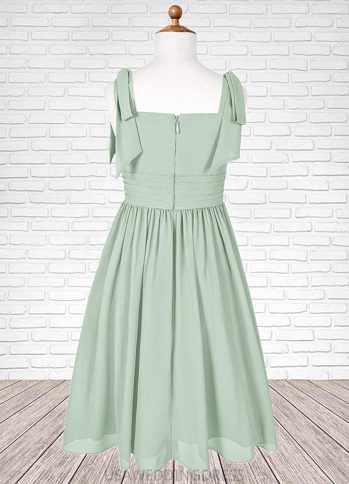 Yareli A-Line Pleated Chiffon Mini Junior Bridesmaid Dress Agave DSP0022864