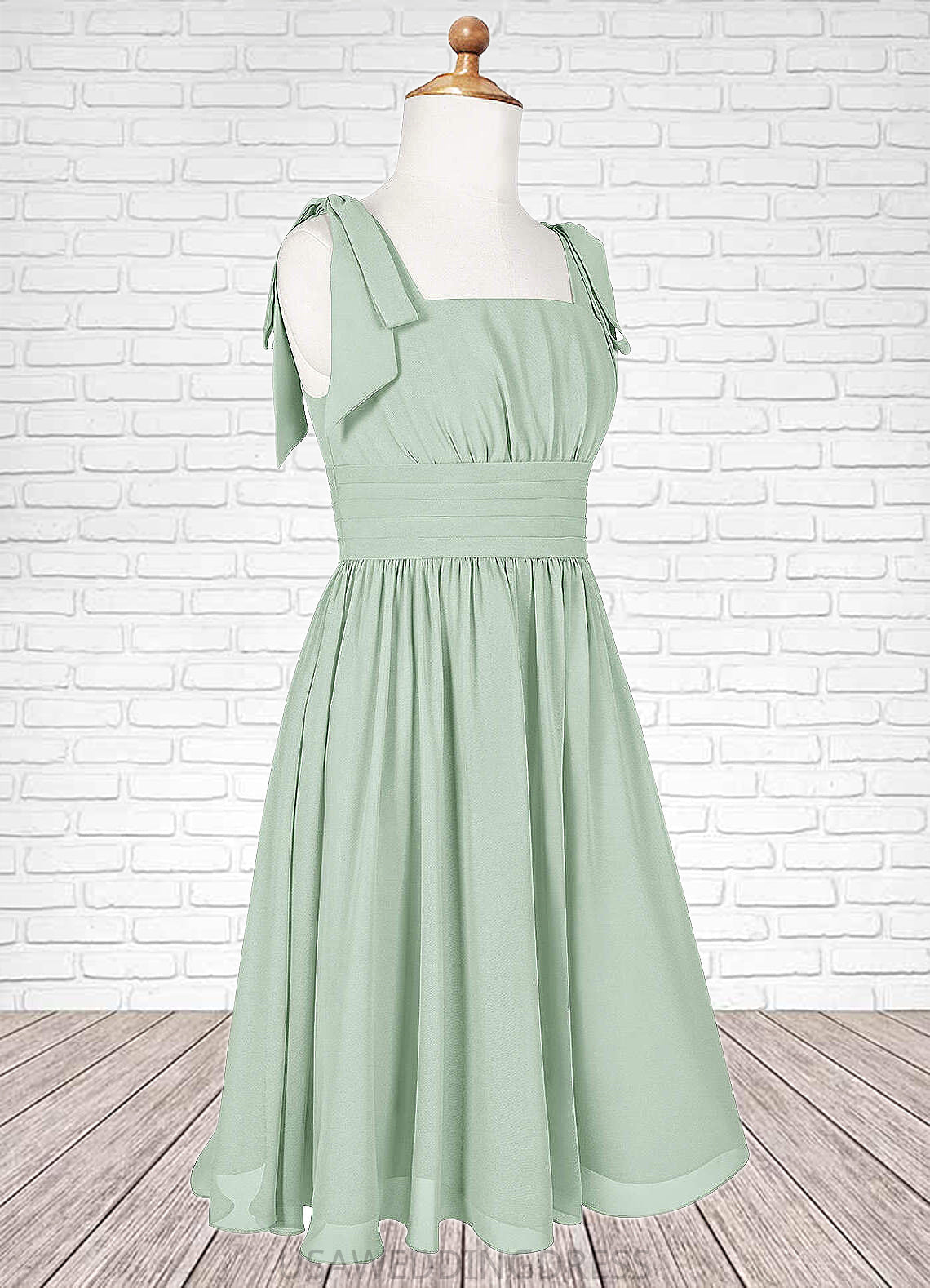 Yareli A-Line Pleated Chiffon Mini Junior Bridesmaid Dress Agave DSP0022864