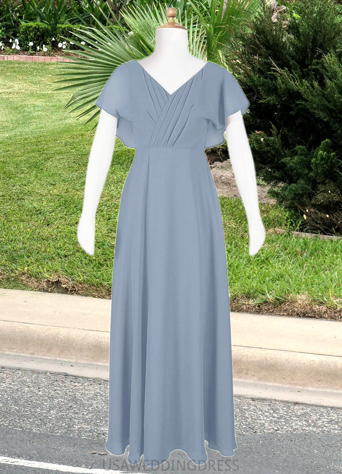 Amanda A-Line Ruched Chiffon Floor-Length Junior Bridesmaid Dress dusty blue DSP0022872