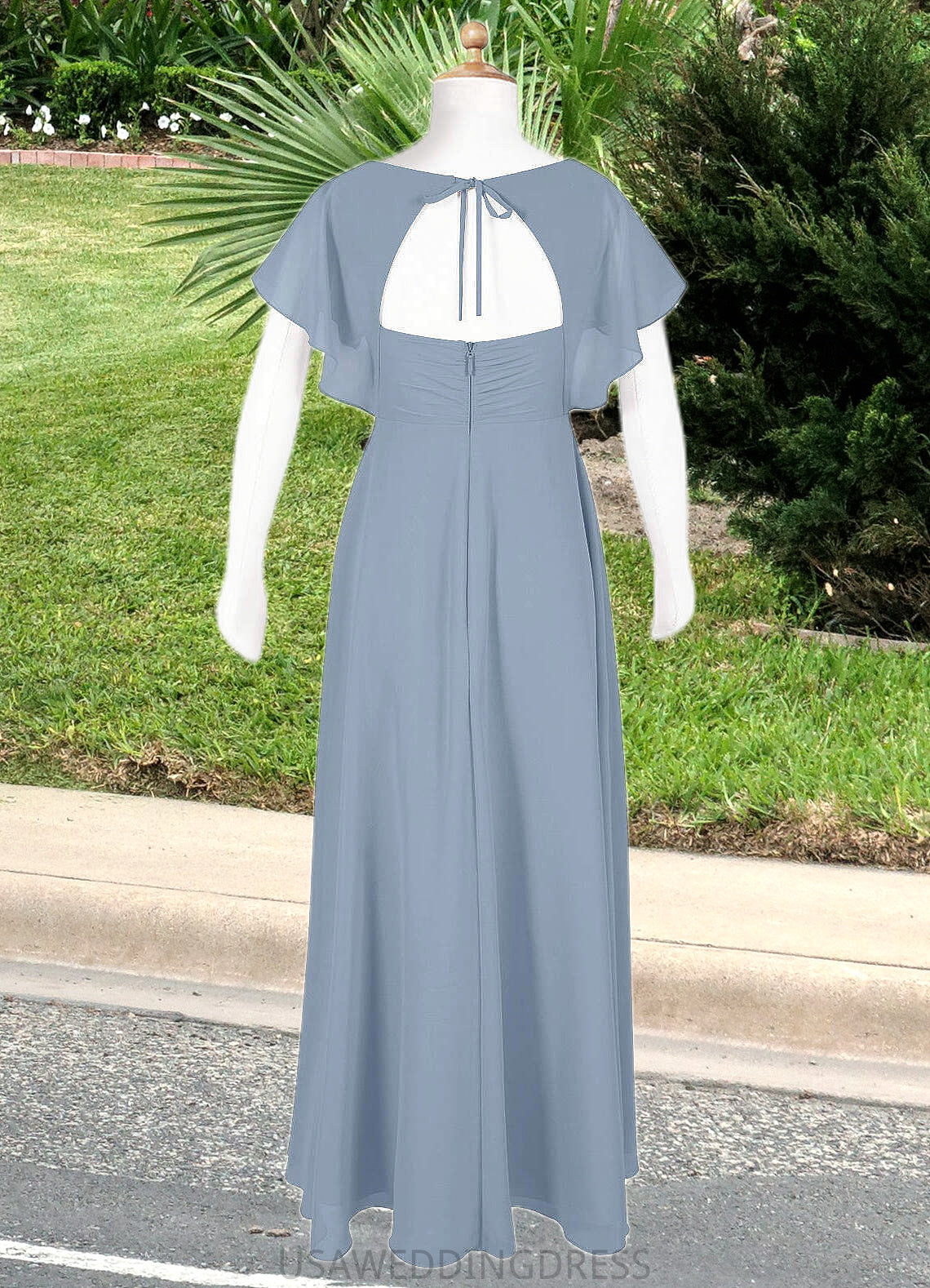 Amanda A-Line Ruched Chiffon Floor-Length Junior Bridesmaid Dress dusty blue DSP0022872