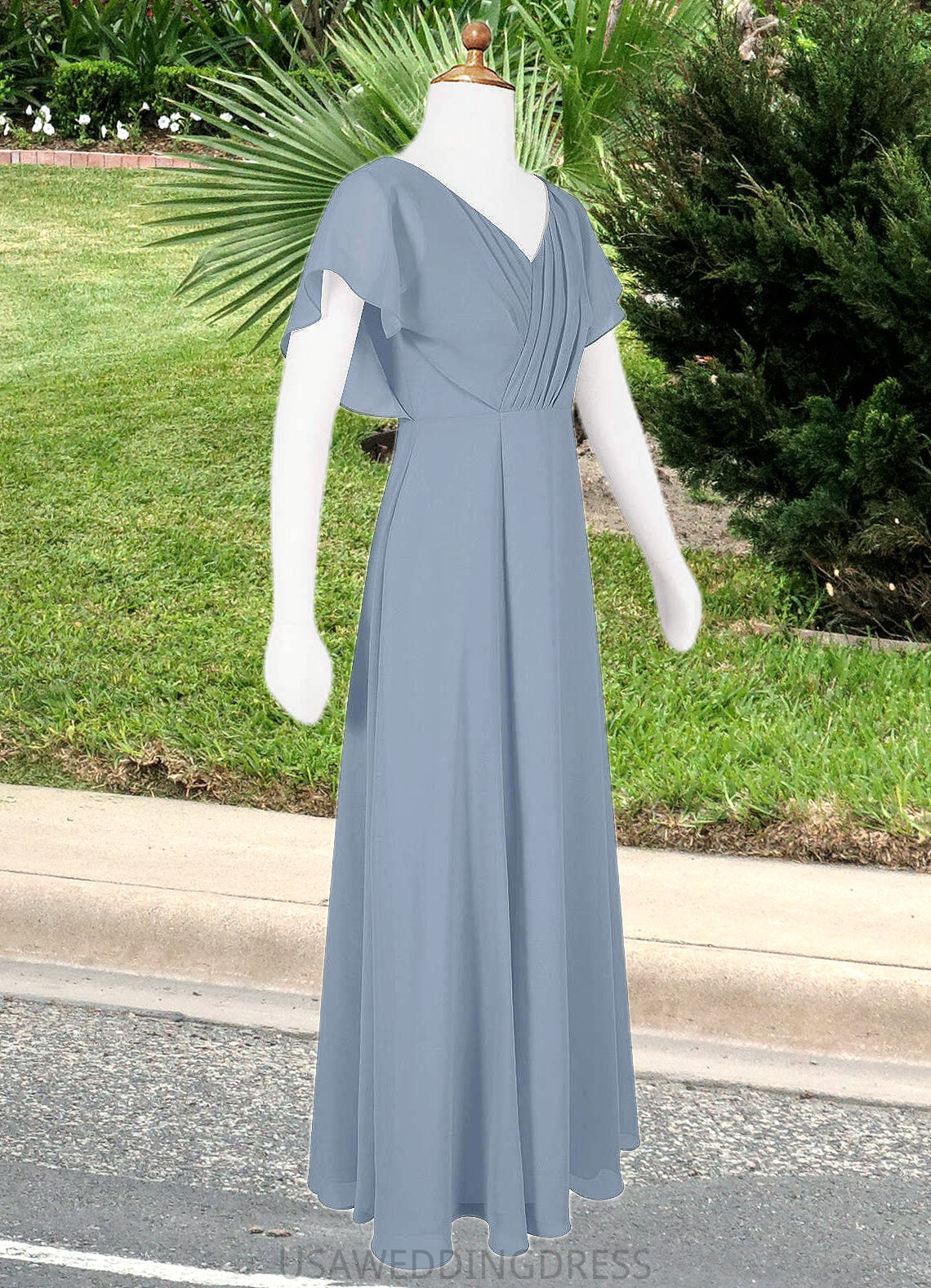 Amanda A-Line Ruched Chiffon Floor-Length Junior Bridesmaid Dress dusty blue DSP0022872