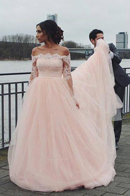 Off the Shoulder Long Sleeves Pink A-line Wedding Dresses, Blush Pink Tulle Bridal Dresses SRS15270