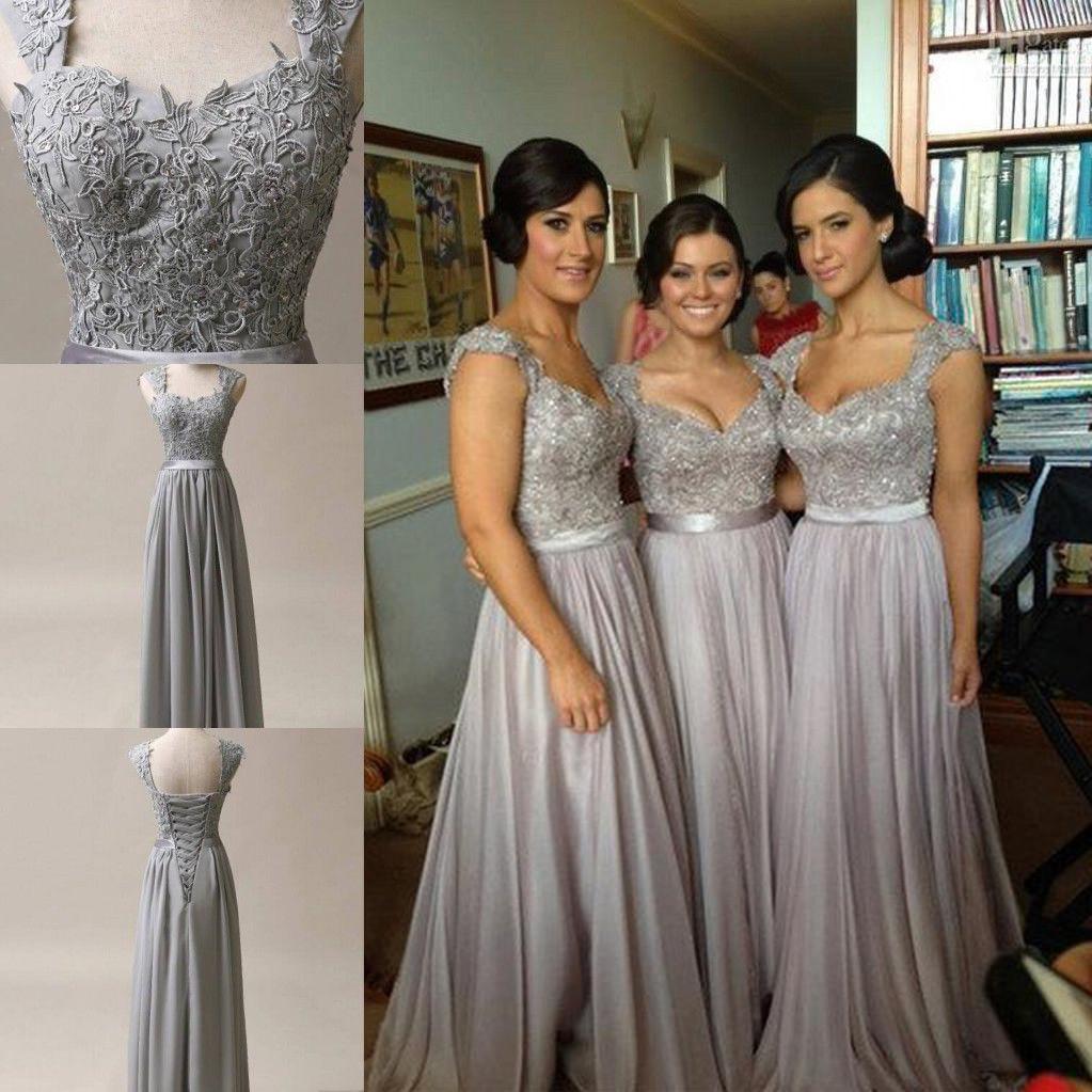 Lace Grey Long Chiffon Sexy Sweetheart Cap Sleeve A-Line Lace up Appliques Bridesmaid Dresses RS46