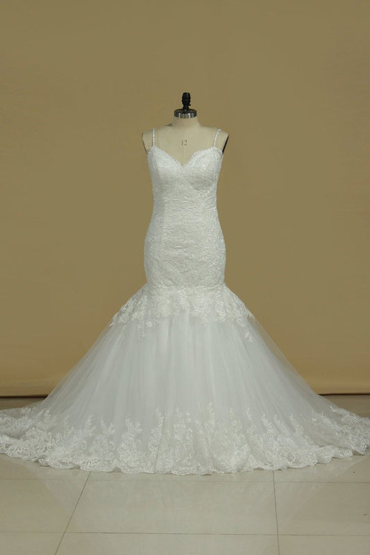 2024 New Arrival Wedding Dresses Mermaid Spaghetti Sraps Tulle With Applique