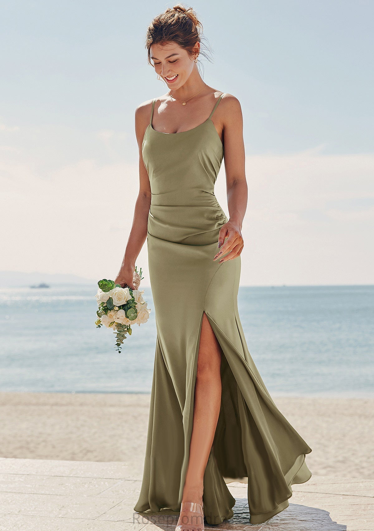 Trumpet/Mermaid Scoop Neck Sleeveless Floor-Length Stretch Satin Bridesmaid Dress with Pleated Split S7502B Jazmin SRSP0025219