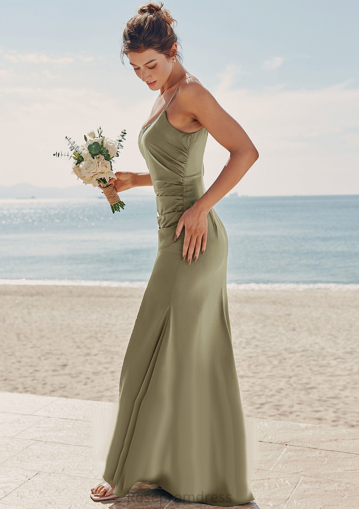 Trumpet/Mermaid Scoop Neck Sleeveless Floor-Length Stretch Satin Bridesmaid Dress with Pleated Split S7502B Jazmin SRSP0025219