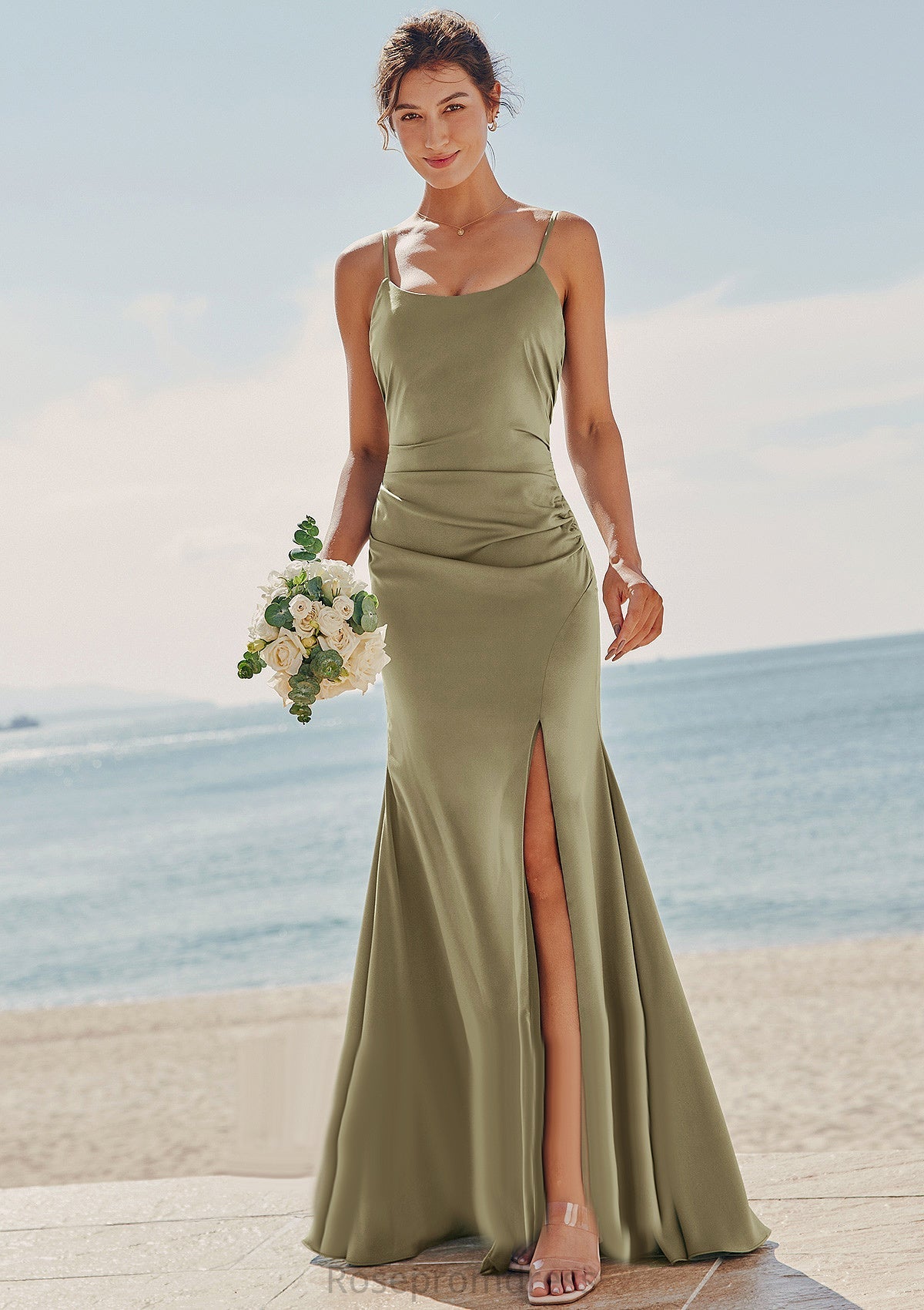 Trumpet/Mermaid Scoop Neck Sleeveless Floor-Length Stretch Satin Bridesmaid Dress with Pleated Split S7502B Jazmin SRSP0025219