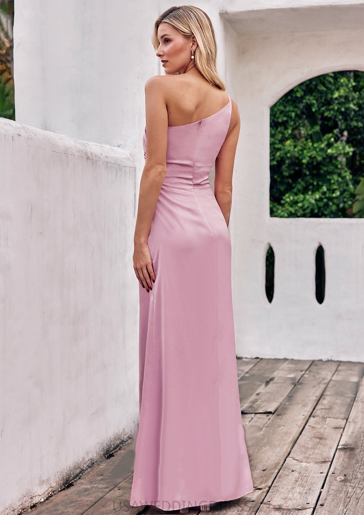 Sheath/Column One-Shoulder Sleeveless Floor-Length Stretch Satin Bridesmaid Dresses with Pleated Kyleigh DSP0025221