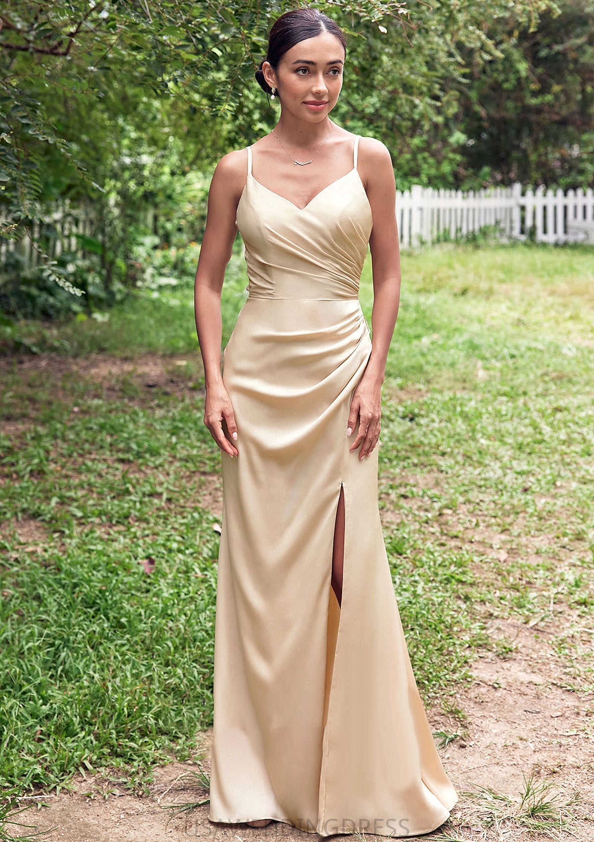 Sheath/Column V Neck Sleeveless Floor-Length Stretch Satin Bridesmaid Dresses with Pleated Split Kali DSP0025222