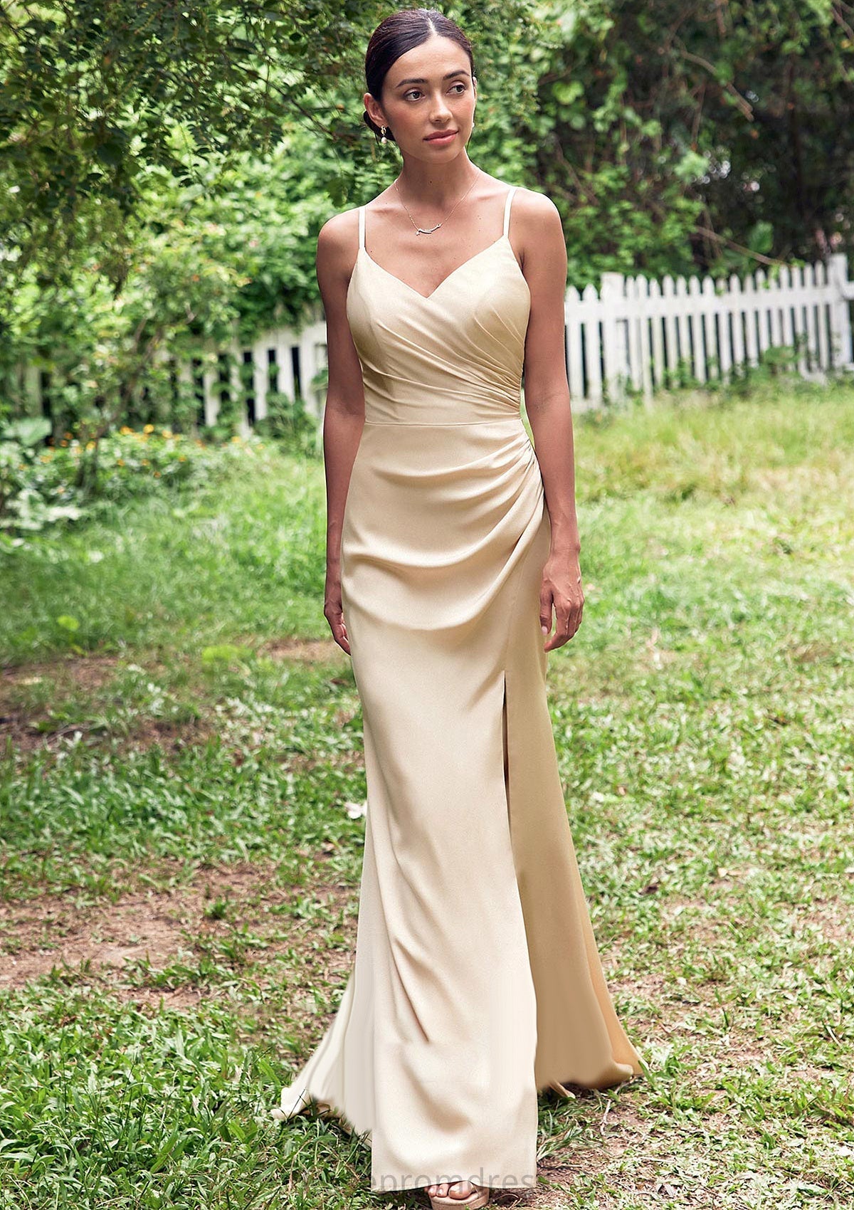 Sheath/Column V Neck Sleeveless Floor-Length Stretch Satin Bridesmaid Dress with Pleated Split S7452B Madeline SRSP0025222