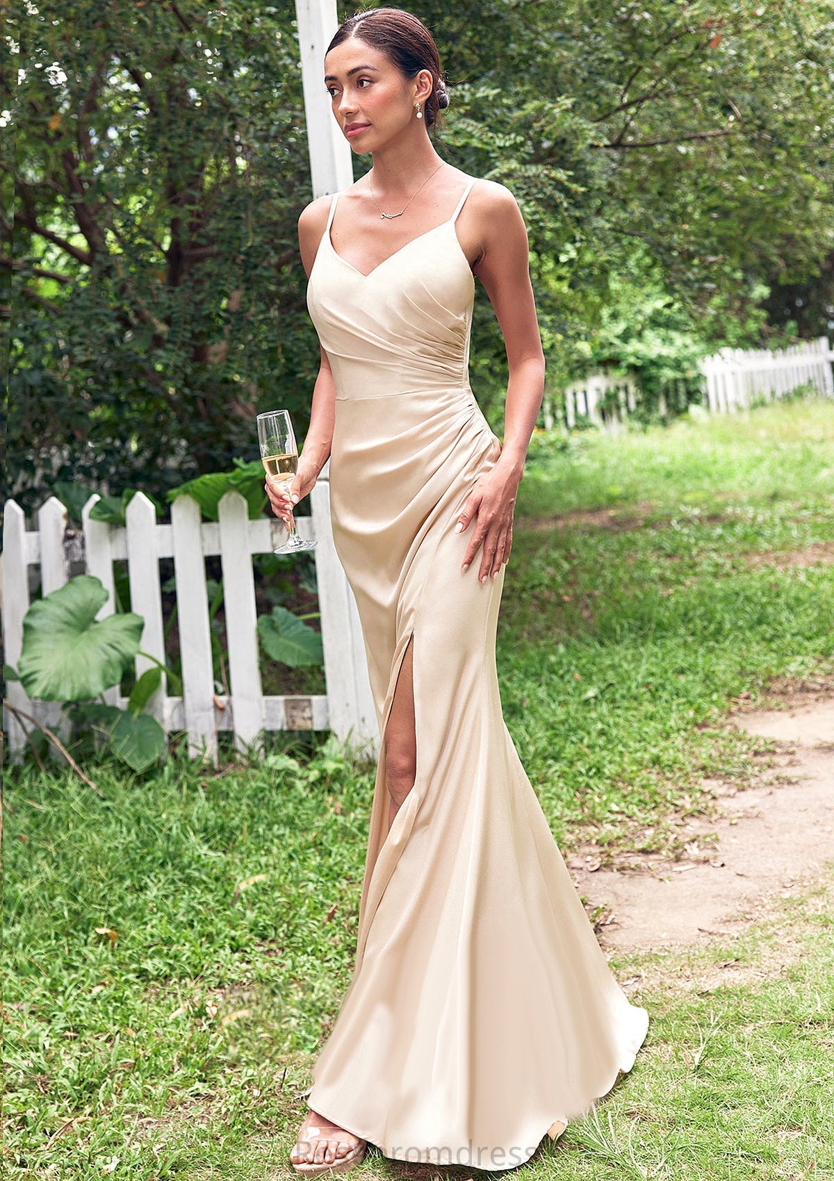 Sheath/Column V Neck Sleeveless Floor-Length Stretch Satin Bridesmaid Dress with Pleated Split S7452B Madeline SRSP0025222