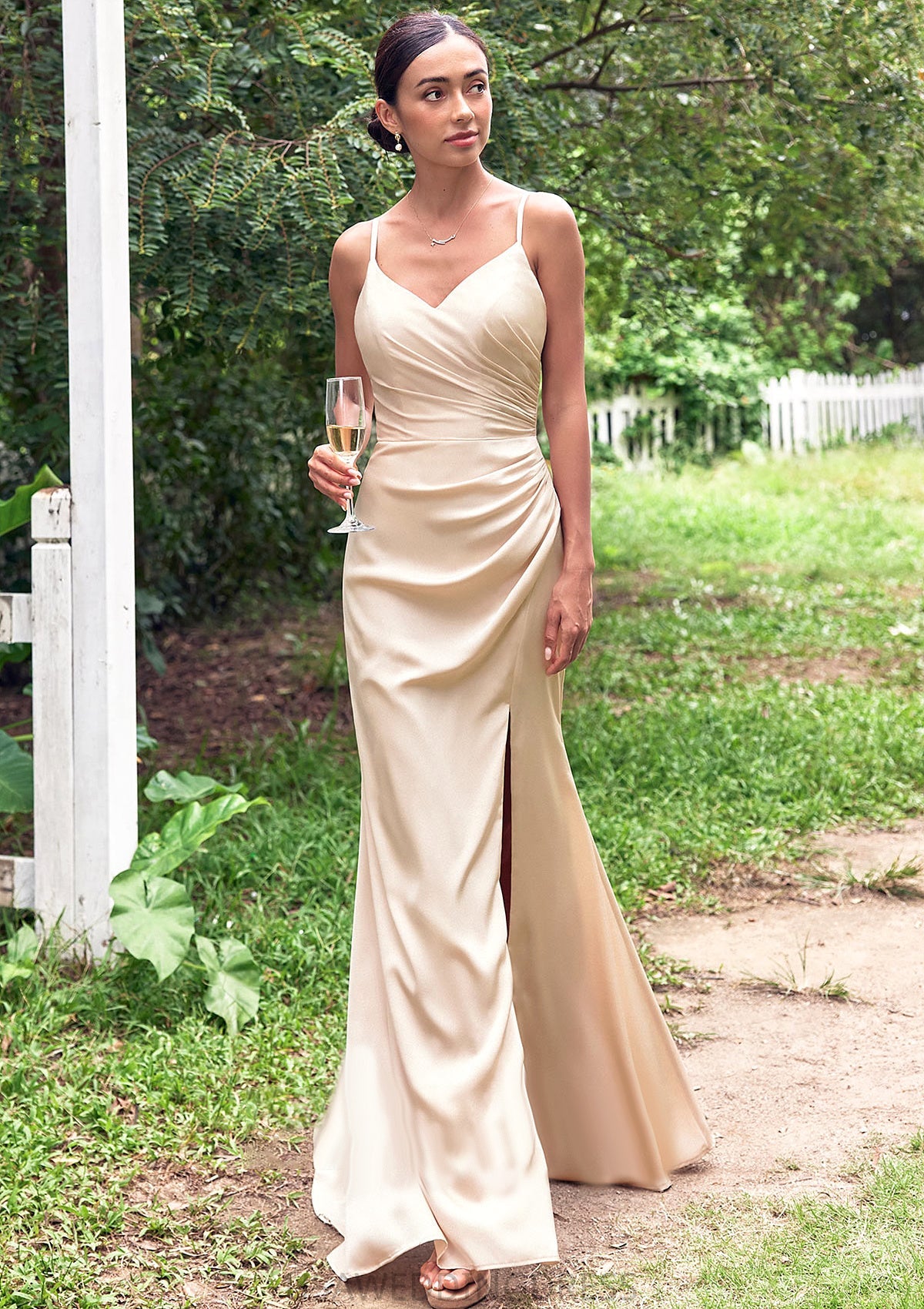 Sheath/Column V Neck Sleeveless Floor-Length Stretch Satin Bridesmaid Dresses with Pleated Split Kali DSP0025222