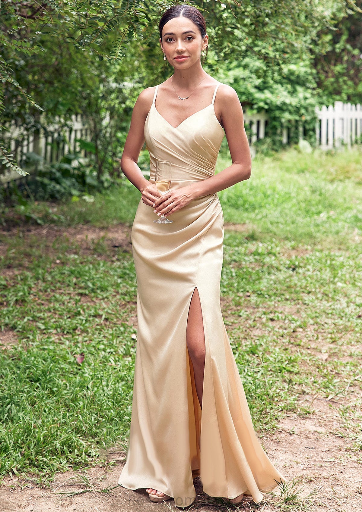 Sheath/Column V Neck Sleeveless Floor-Length Stretch Satin Bridesmaid Dress with Pleated Split S7452B Madeline SRSP0025222