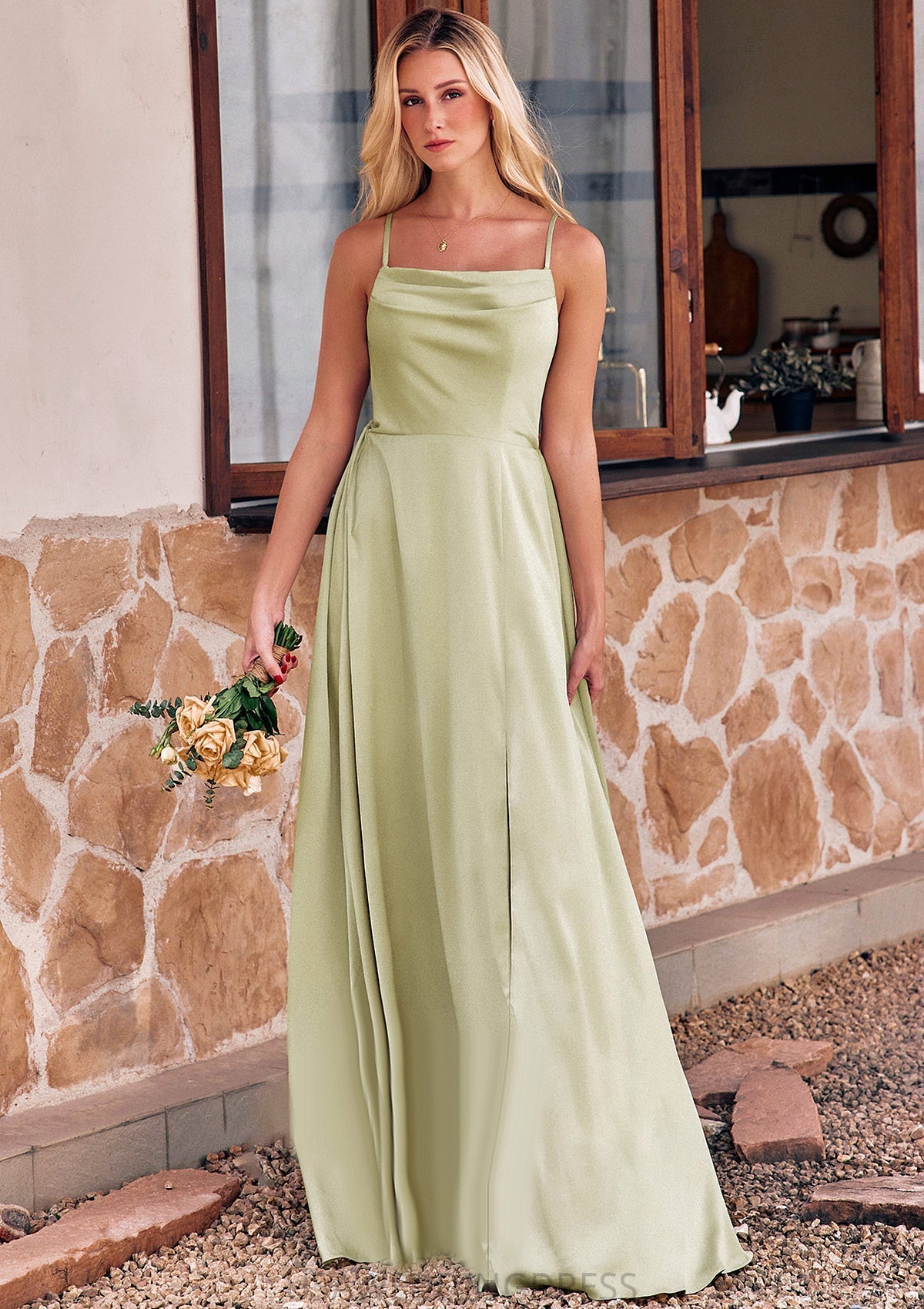 A-line Square Neckline Sleeveless Floor-Length Stretch Satin Bridesmaid Dresses with Bowknot Split Anabelle DSP0025223