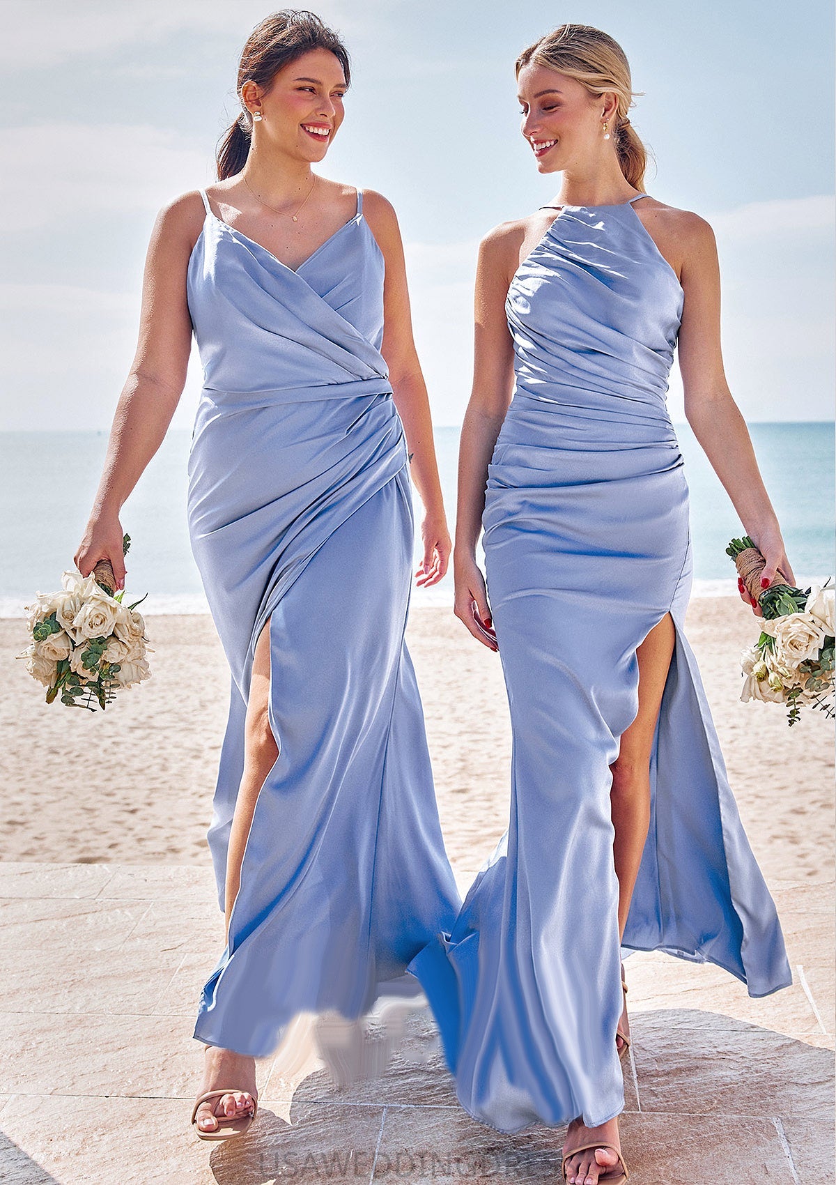 Sheath/Column Halter Sleeveless Floor-Length Stretch Satin Bridesmaid Dresses with Pleated Split Francesca DSP0025224