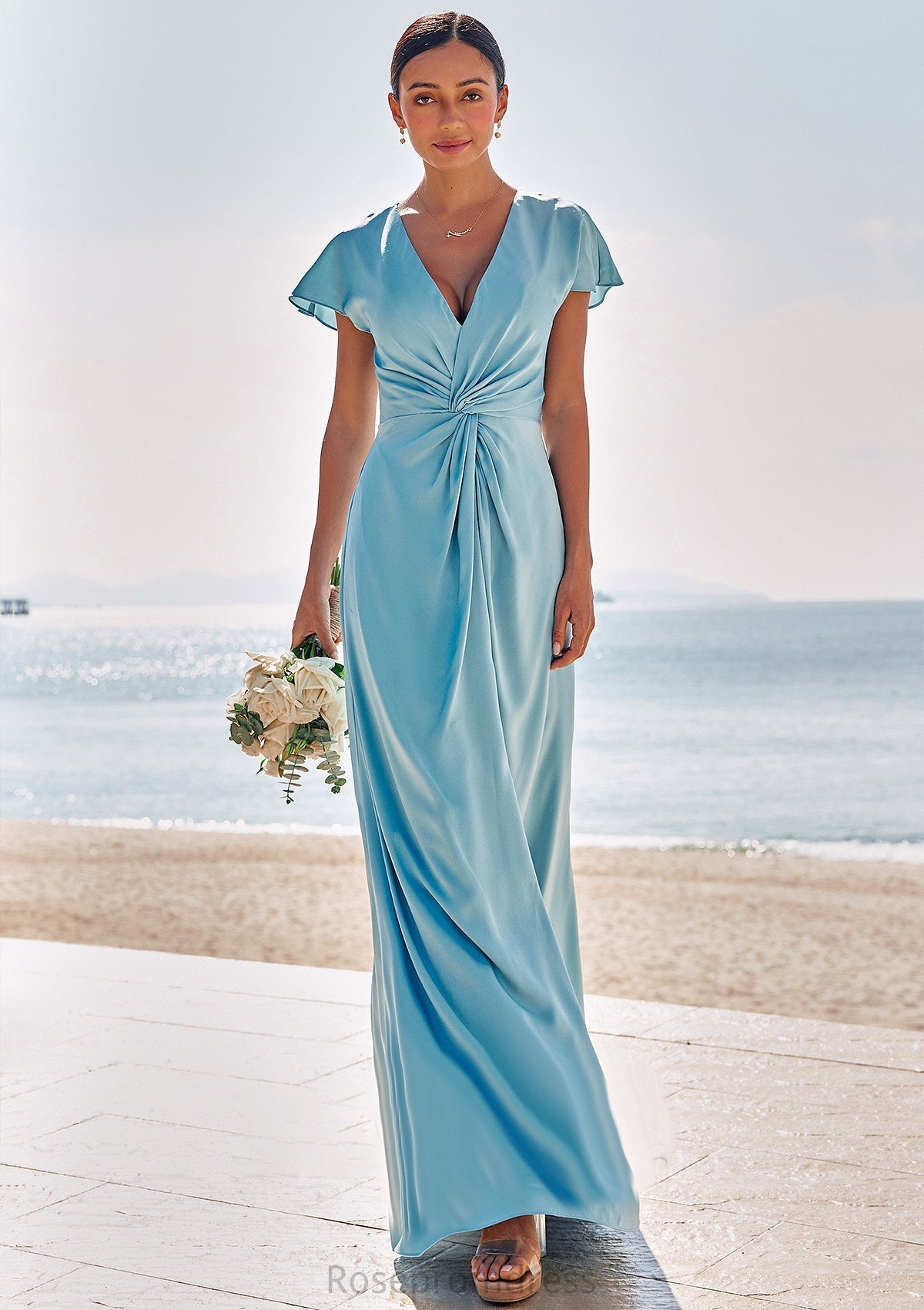 Sheath/Column V Neck Short Sleeve Floor-Length Stretch Satin Bridesmaid Dresses with Pleated Jimena SRSP0025225