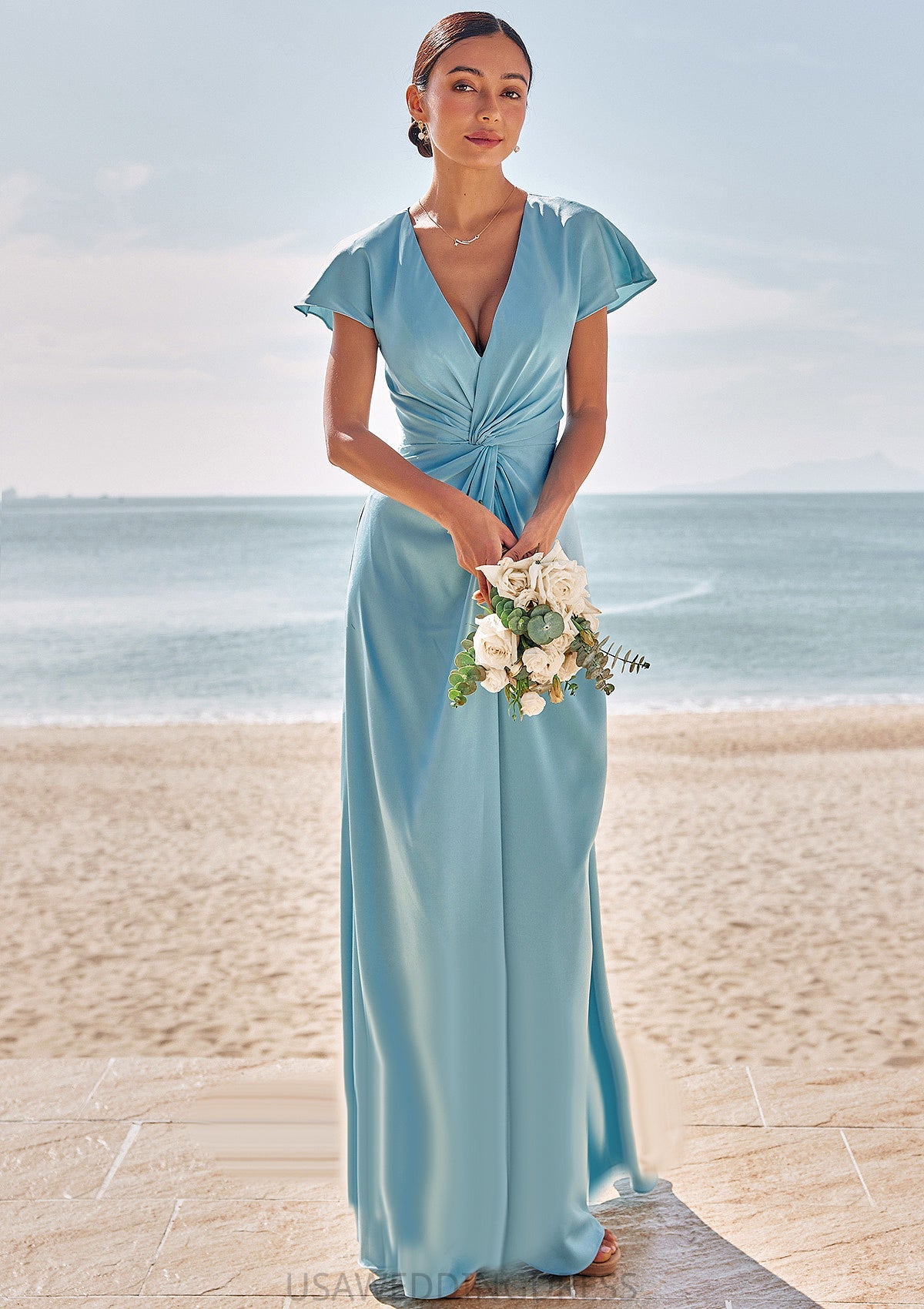 Sheath/Column V Neck Short Sleeve Floor-Length Stretch Satin Bridesmaid Dresses with Pleated Maisie DSP0025225
